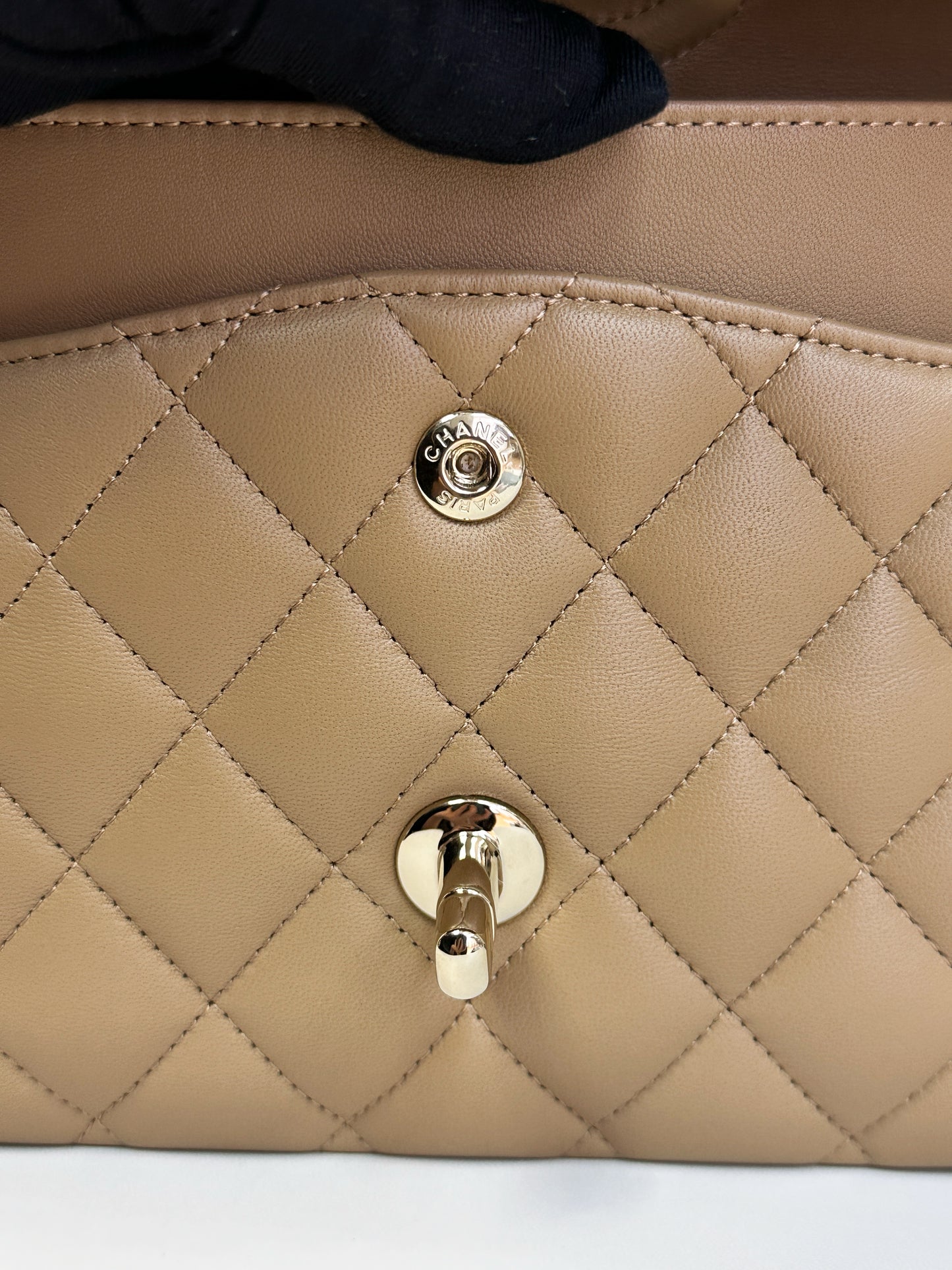 Chanel 22B Lambskin Classic Quilted Double Flap Medium LGHW Dark beige HH9G microchip
