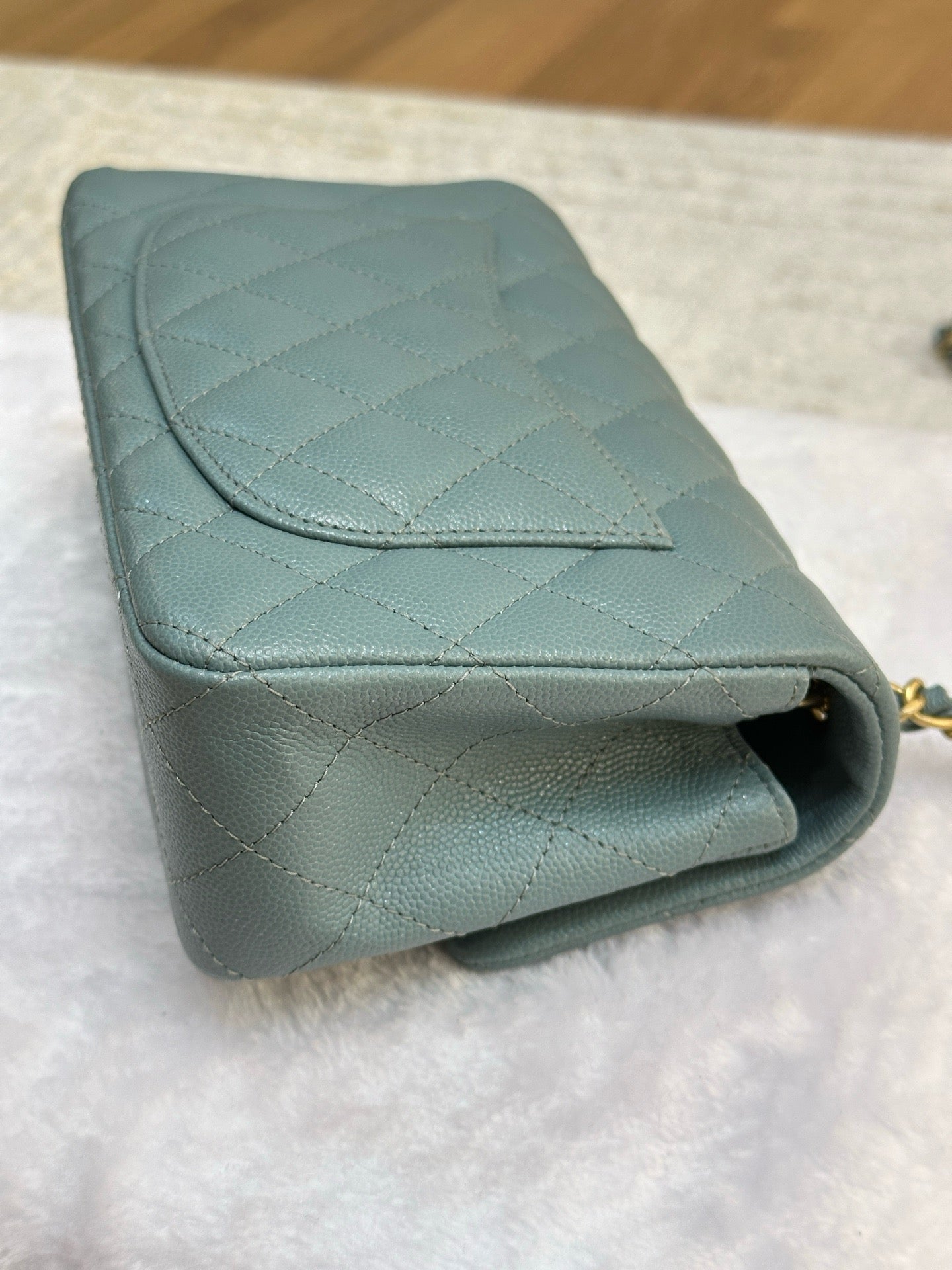 CHANEL Iridescent Caviar Quilted Mini Rectangular Flap Light Blue 18C
