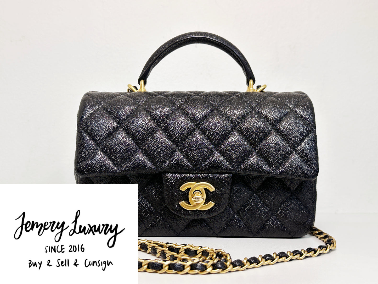 Chanel Mini Rectangular Top Handle Flap Bag Black Caviar GHW 3129 holo card