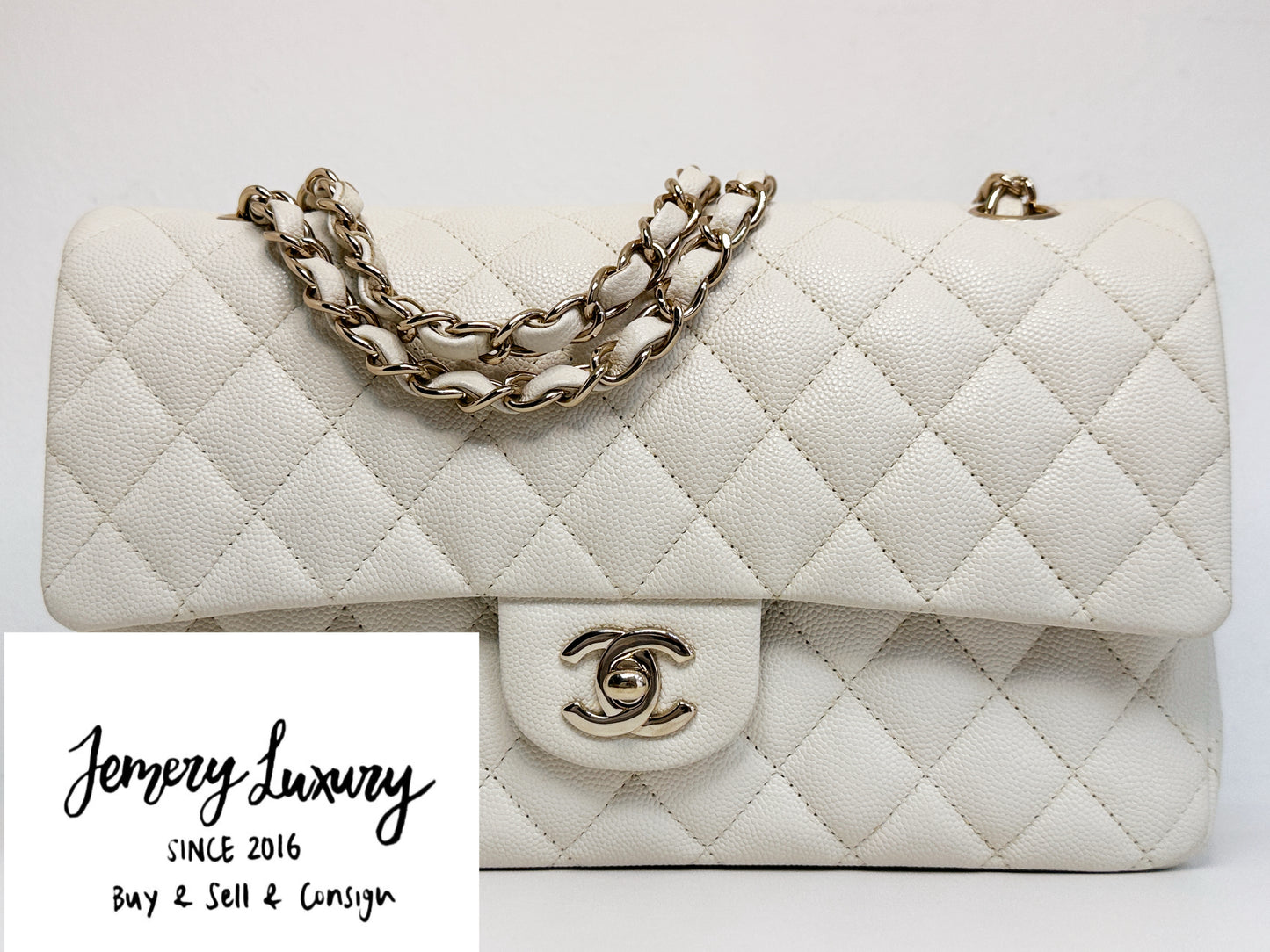 Chanel Medium Caviar Classic Quilted Double Flap White Light Beige Bag LGHW L45J microchip