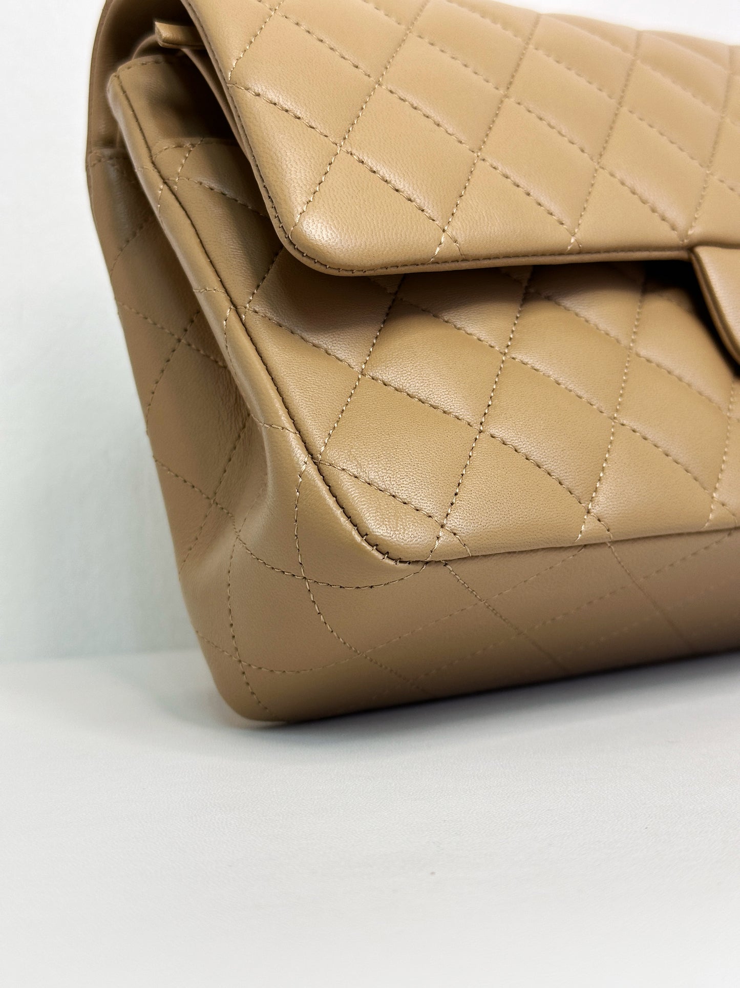 Chanel 22B Lambskin Classic Quilted Double Flap Medium LGHW Dark beige HH9G microchip