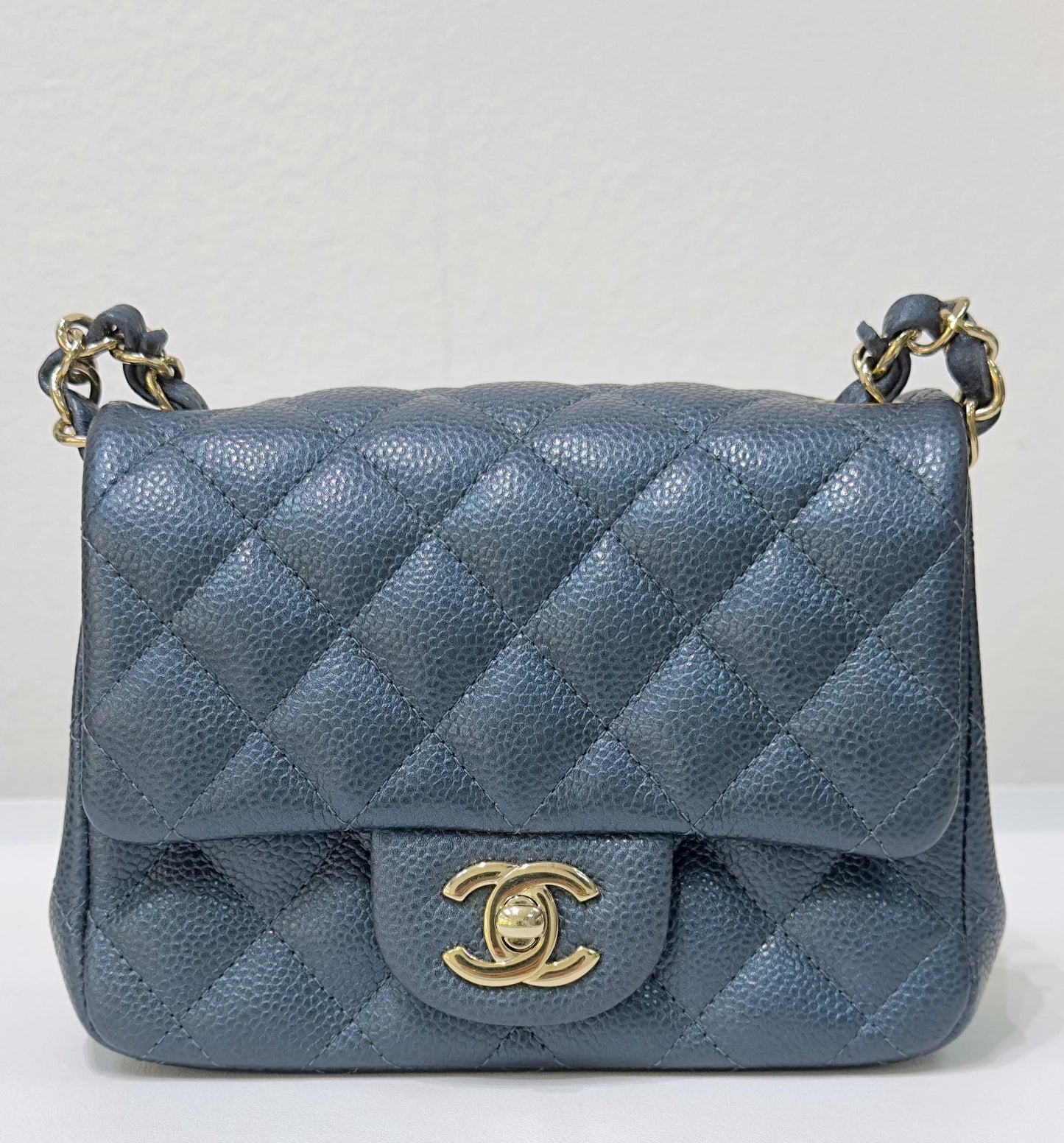 Chanel Mini Square Quilted Caviar Flap Bag Blue GHW 2581 Holo card