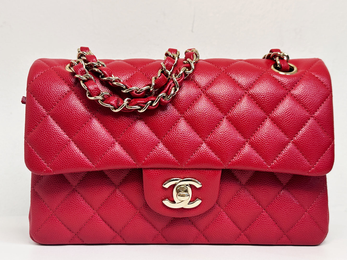 Chanel 19B Small Quilted Caviar Classic Double Flap Bag Red 2851 holo card