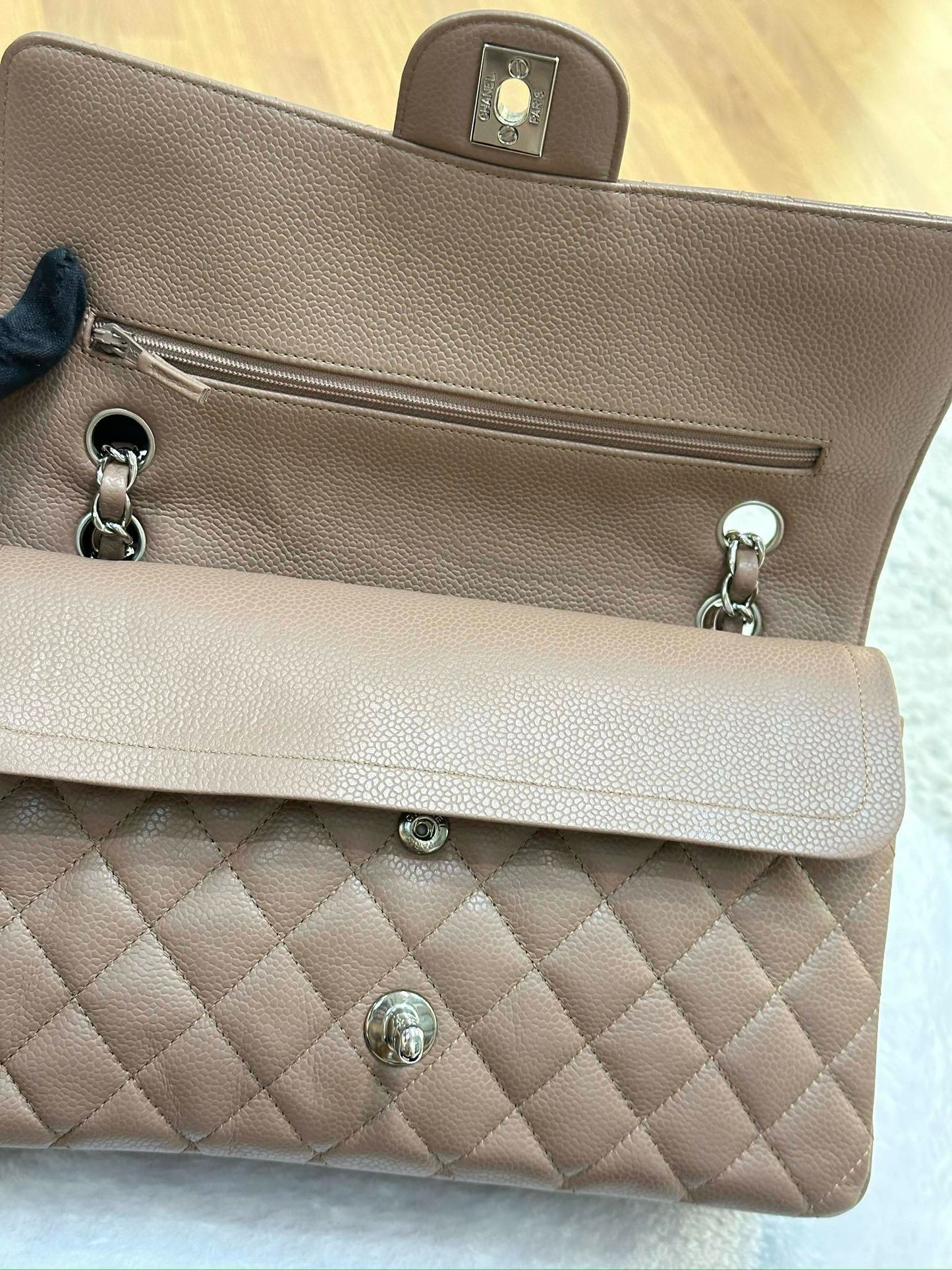 Chanel Medium Classic Caviar Double Flap Taupe SHW