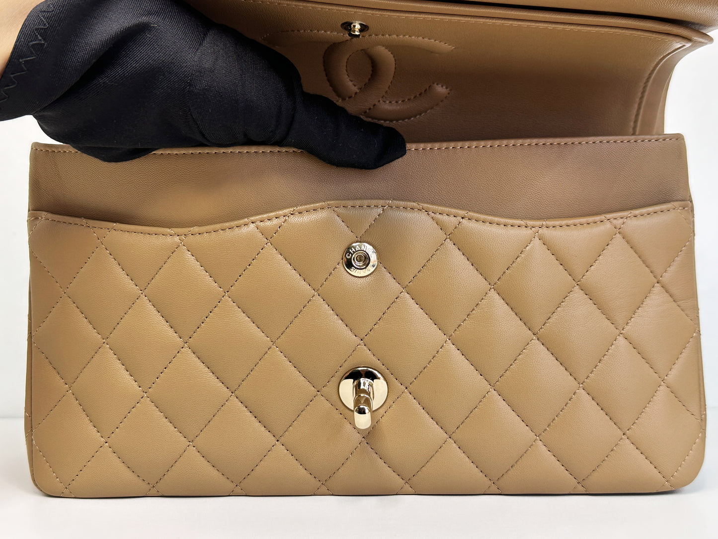 Chanel 22B Lambskin Classic Quilted Double Flap Medium LGHW Dark beige HH9G microchip