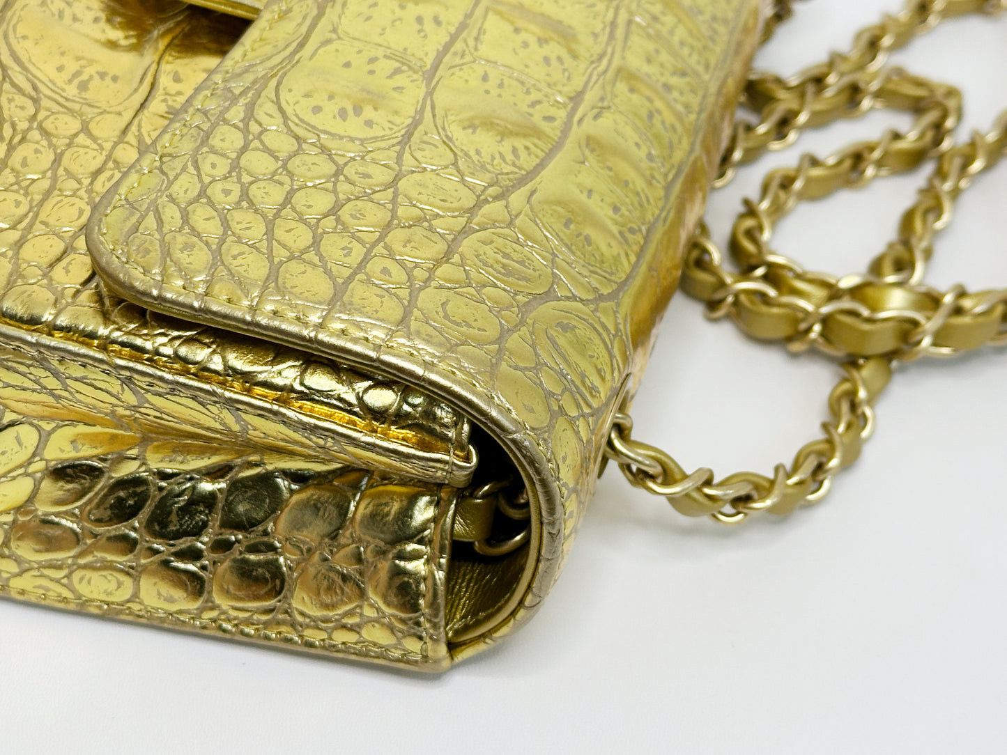 Chanel Mini Calfskin Crocodile Embossed Rectangular Gold Metallic Flap Bag 2813 holo card
