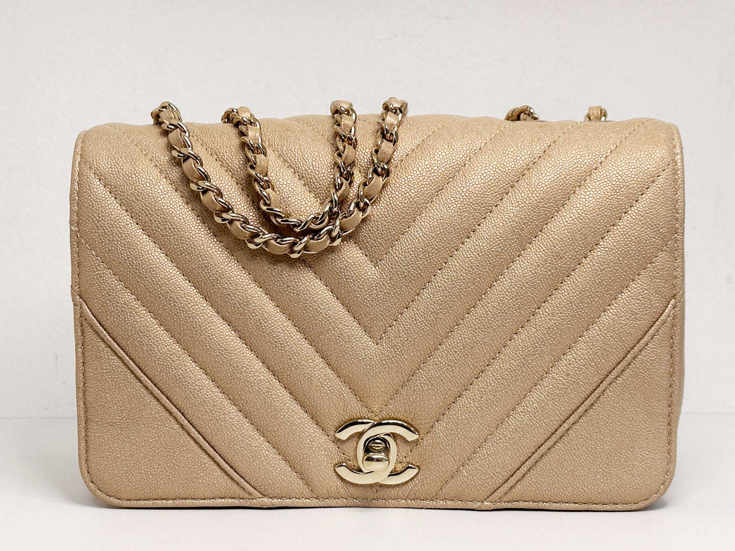 Chanel Mini Statement Metallic Caviar Chevron Quilted Flap Beige LGHW 2835 holo card