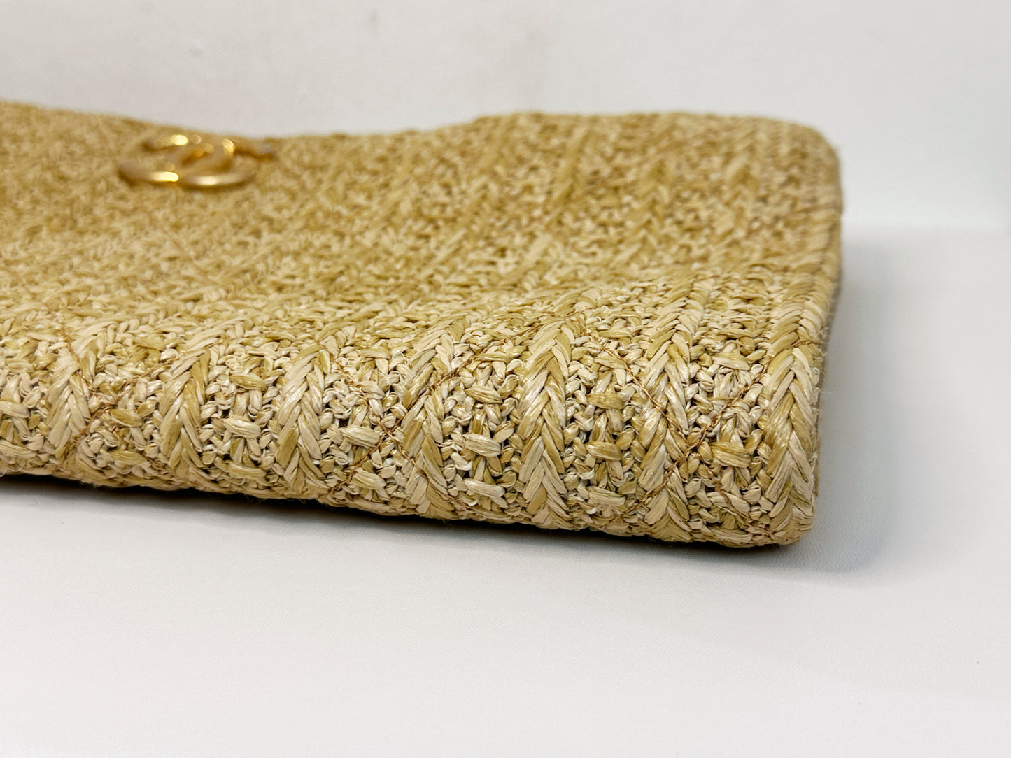 Chanel CC Woven Clutch Gold Natural Raffia Antique Gold Hardware 2502 holo