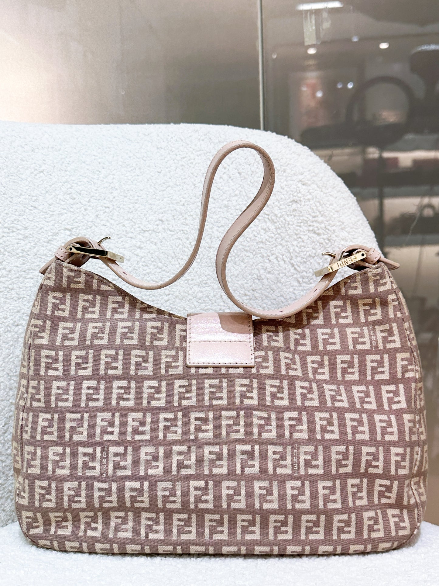 FENDI Zucchino Mamma Baguette Beige Shoulder Bag in Cipria