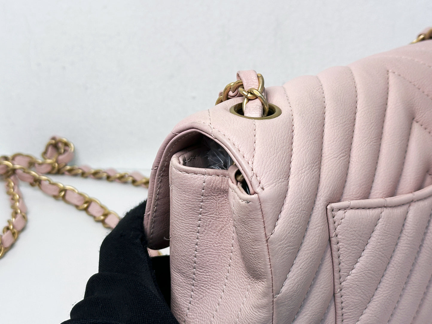 Chanel Classic Mini Rectangular 17C Light Pink Chevron Calfskin with brushed gold hardware 2383 holo card