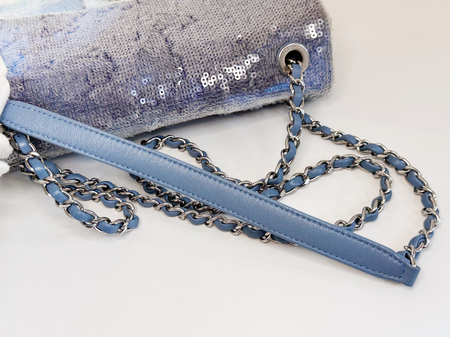 Chanel Sequin Mini Waterfall Light Blue Flap Bag 2590 holo card