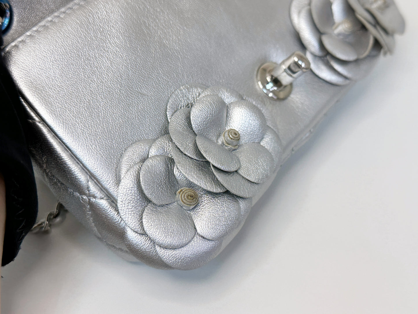 Chanel Mini Camellia Lambskin Shiny Silver SHW 2245 holo