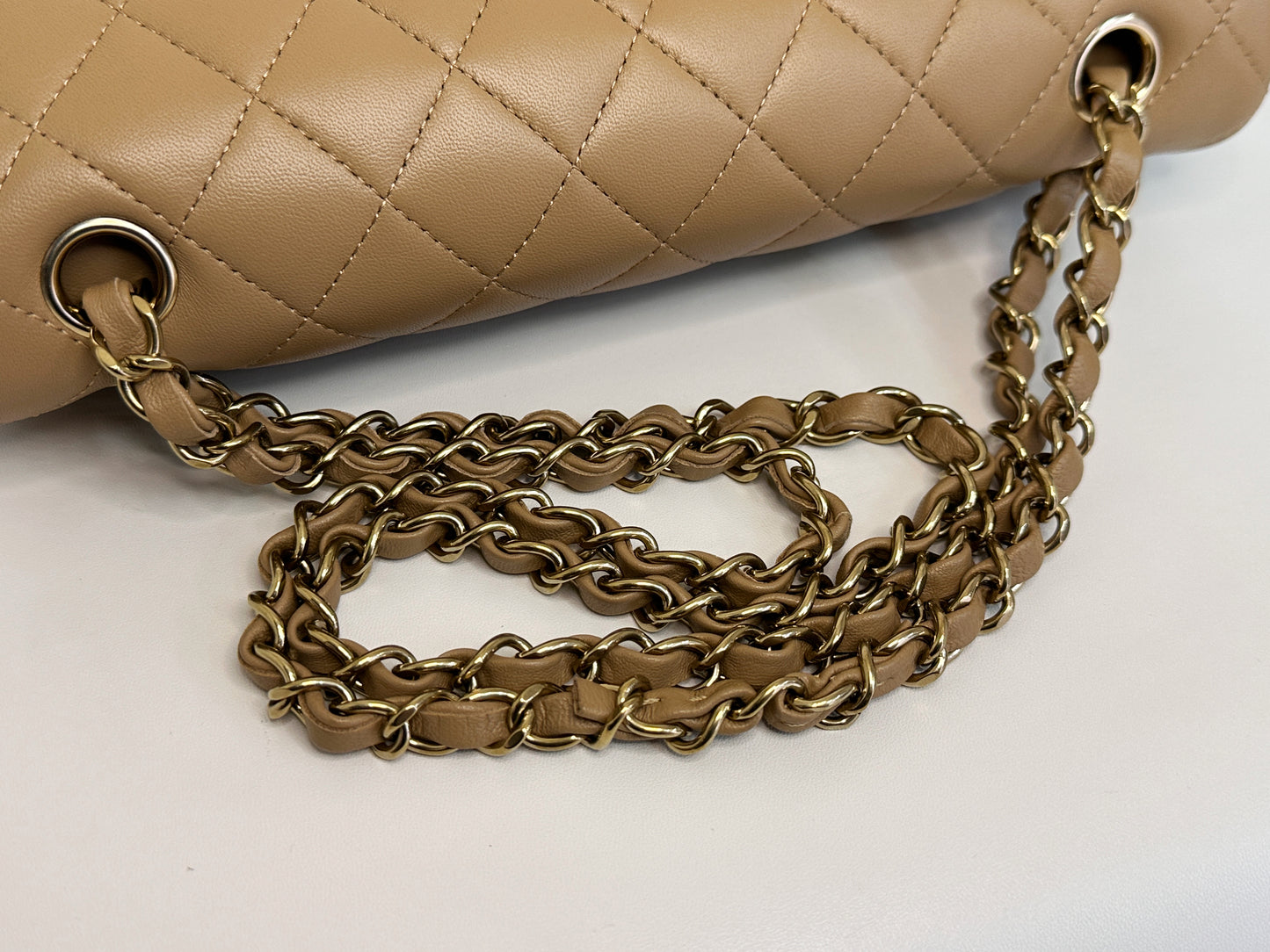 Chanel 22B Lambskin Classic Quilted Double Flap Medium LGHW Dark beige HH9G microchip
