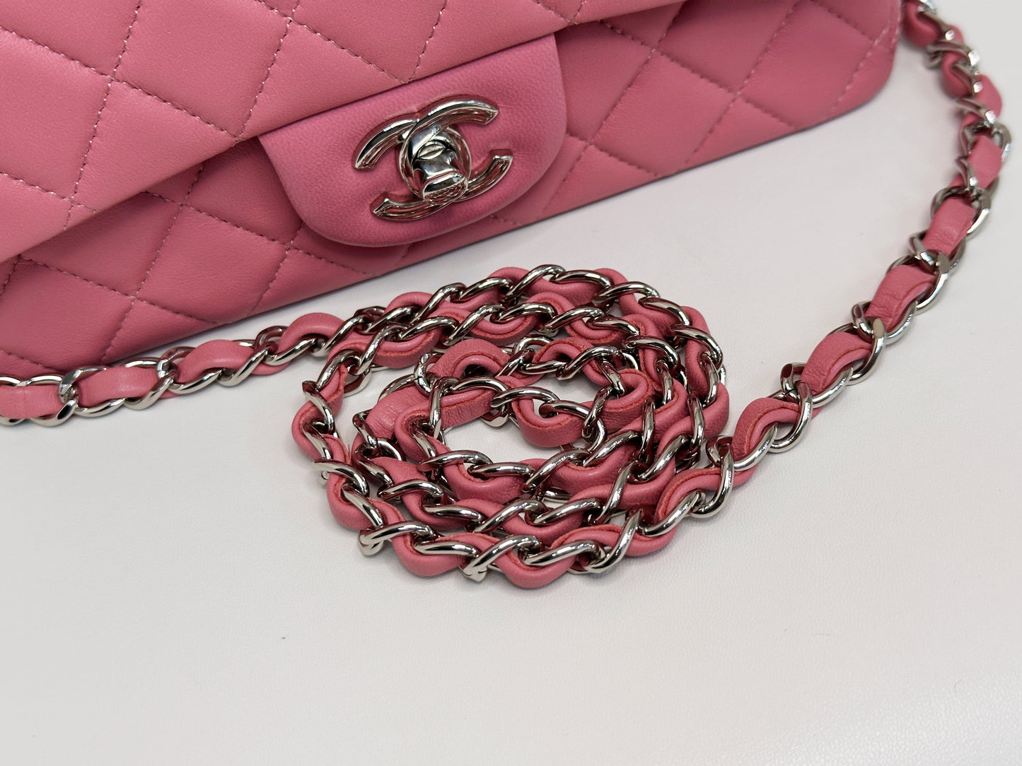 CHANEL Pink Lambskin Quilted Mini Rectangular Flap Bag Pink