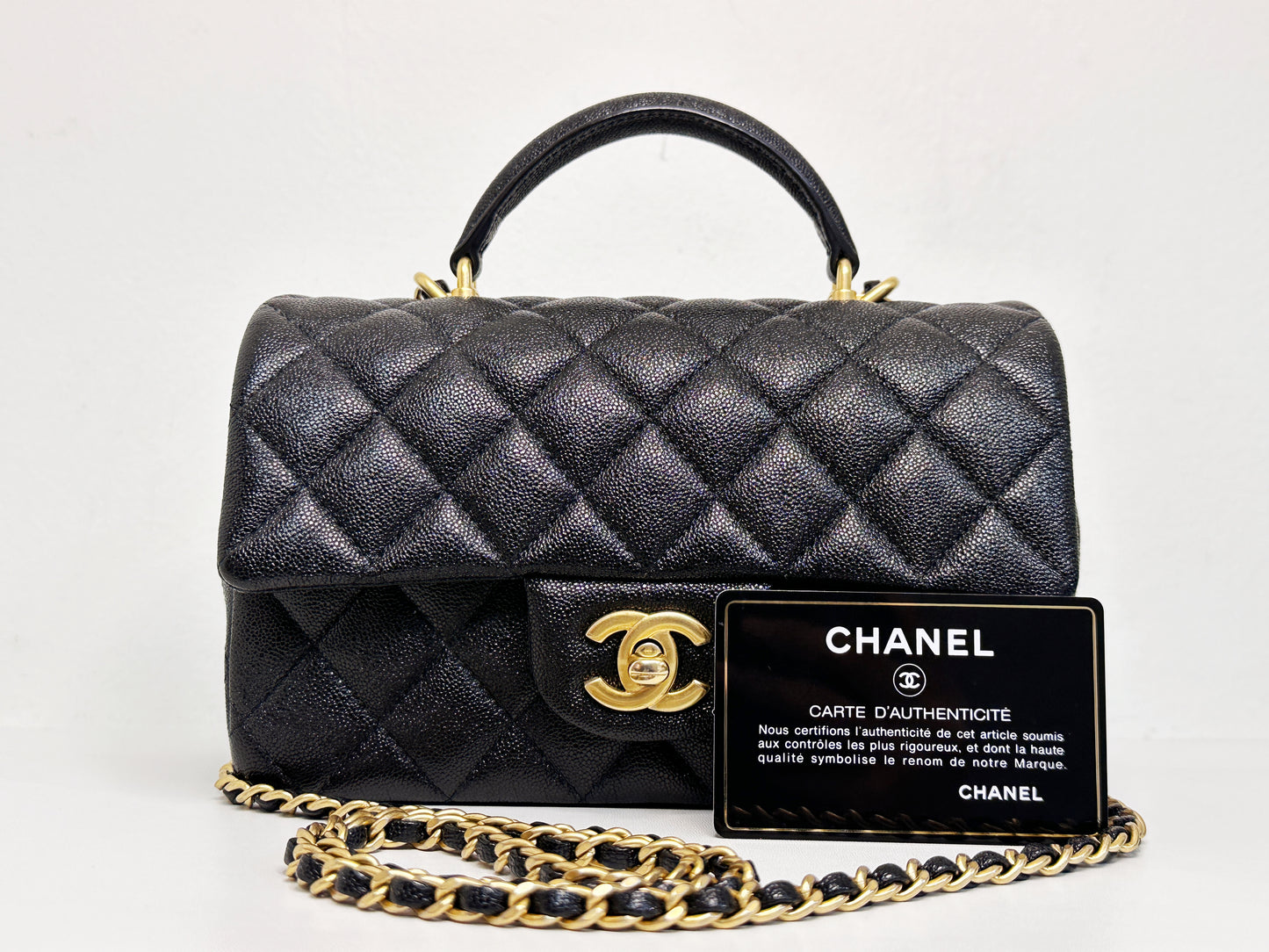 Chanel Mini Rectangular Top Handle Flap Bag Black Caviar GHW 3129 holo card