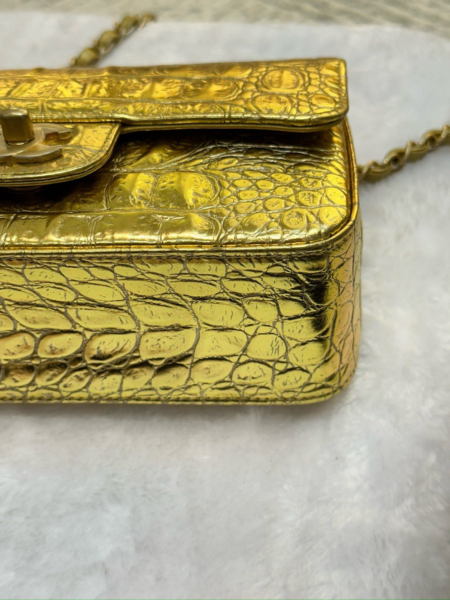 Chanel Mini Calfskin Crocodile Embossed Rectangular Gold Metallic Flap Bag