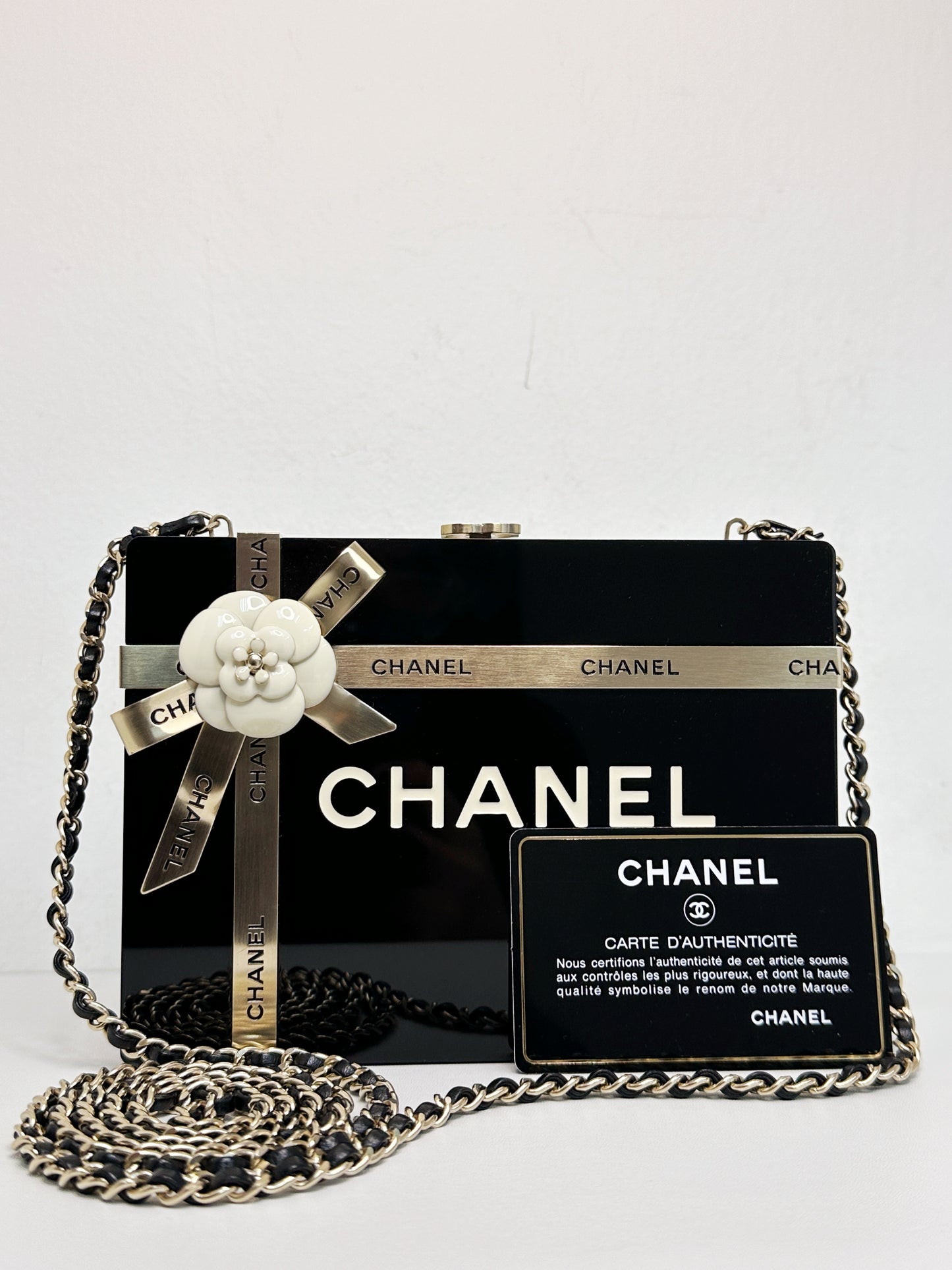 Chanel Plexiglass Gift Box Clutch Black 2327 holo card