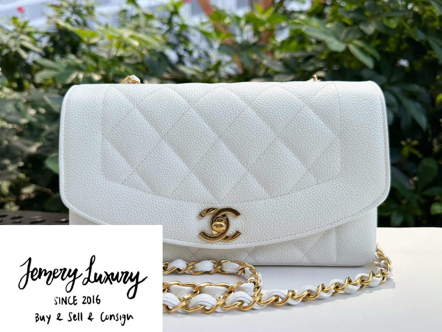 Chanel Vintage Quilted Diana Flap Bag Caviar White 33 holo card