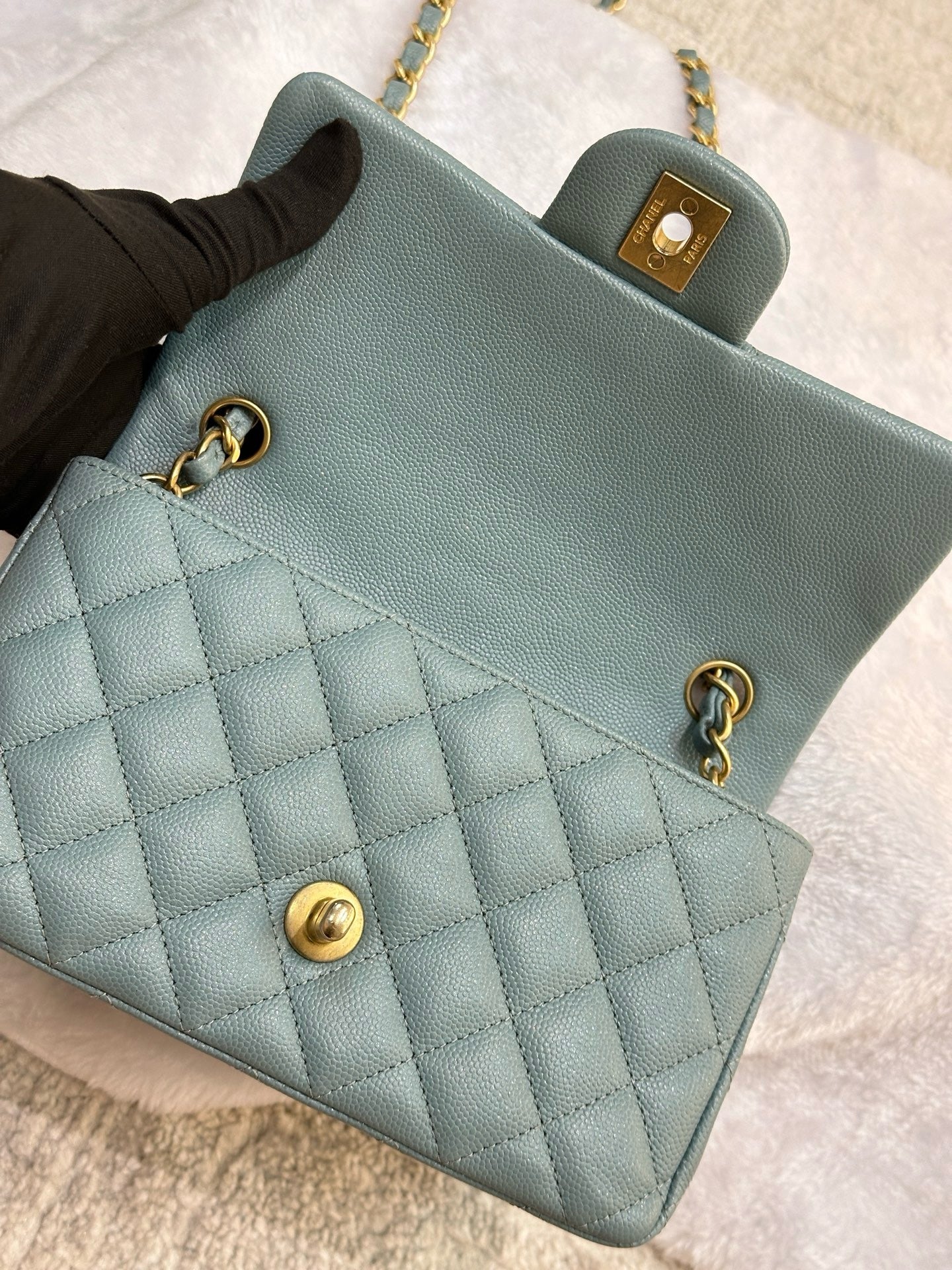 CHANEL Iridescent Caviar Quilted Mini Rectangular Flap Light Blue 18C