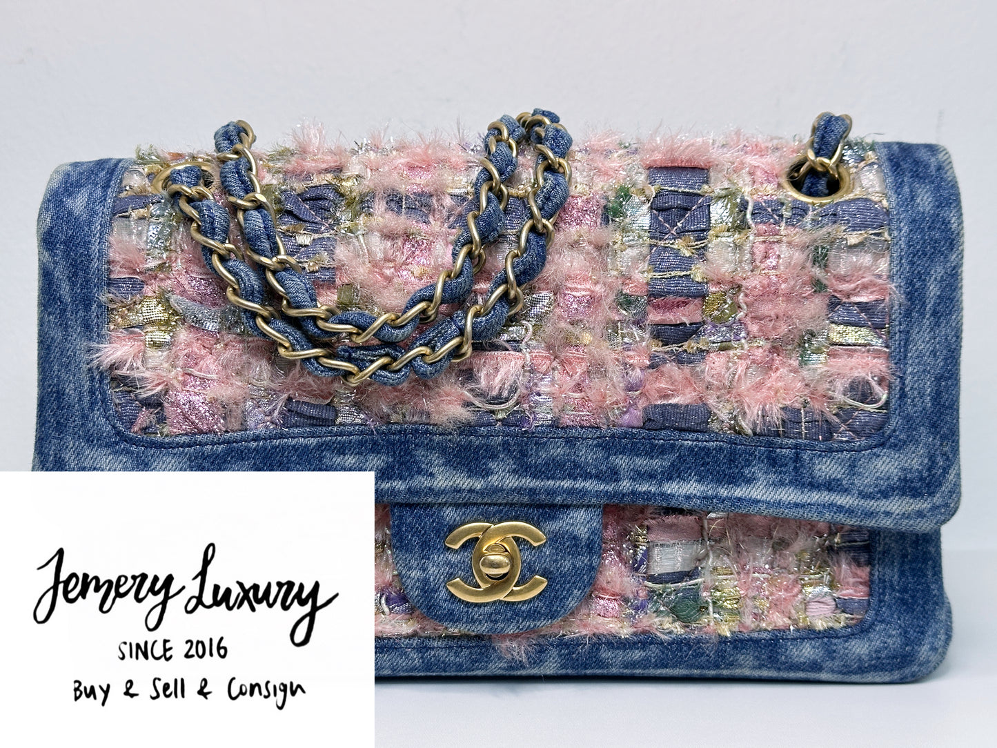 Chanel Pink, Silver, and Gold Tweed and Denim Medium Classic Double Flap Gold Hardware, 2016