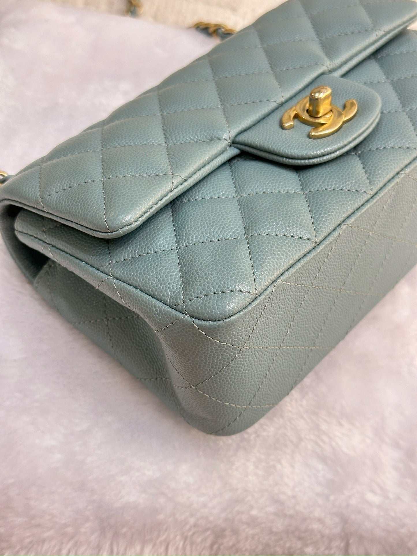 CHANEL Iridescent Caviar Quilted Mini Rectangular Flap Light Blue 18C