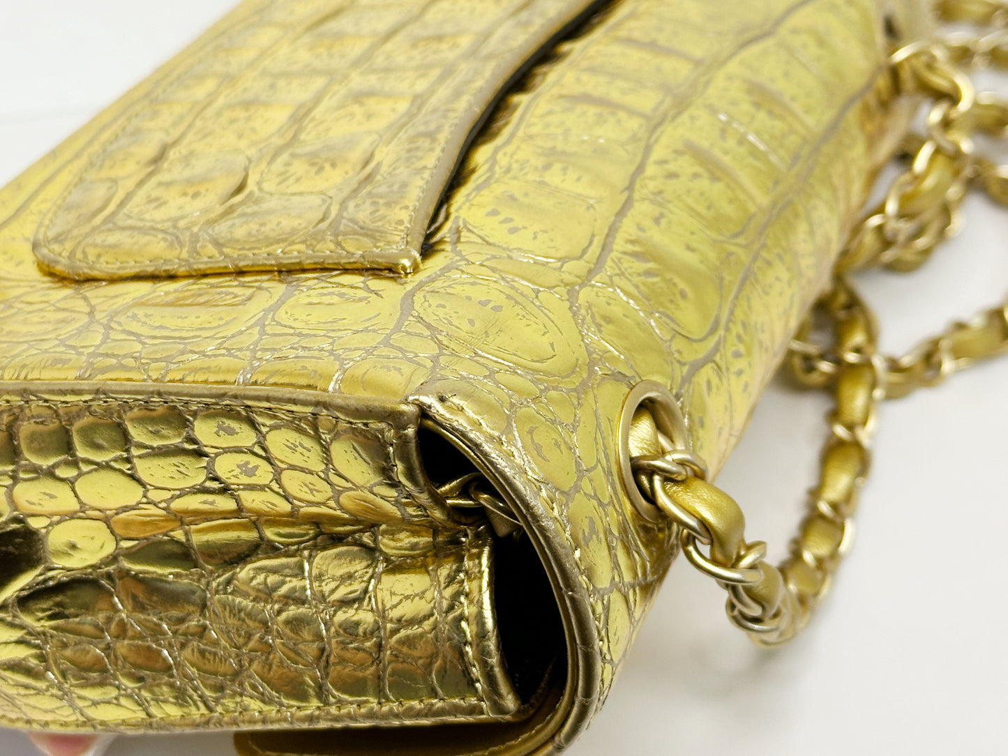 Chanel Mini Calfskin Crocodile Embossed Rectangular Gold Metallic Flap Bag 2813 holo card