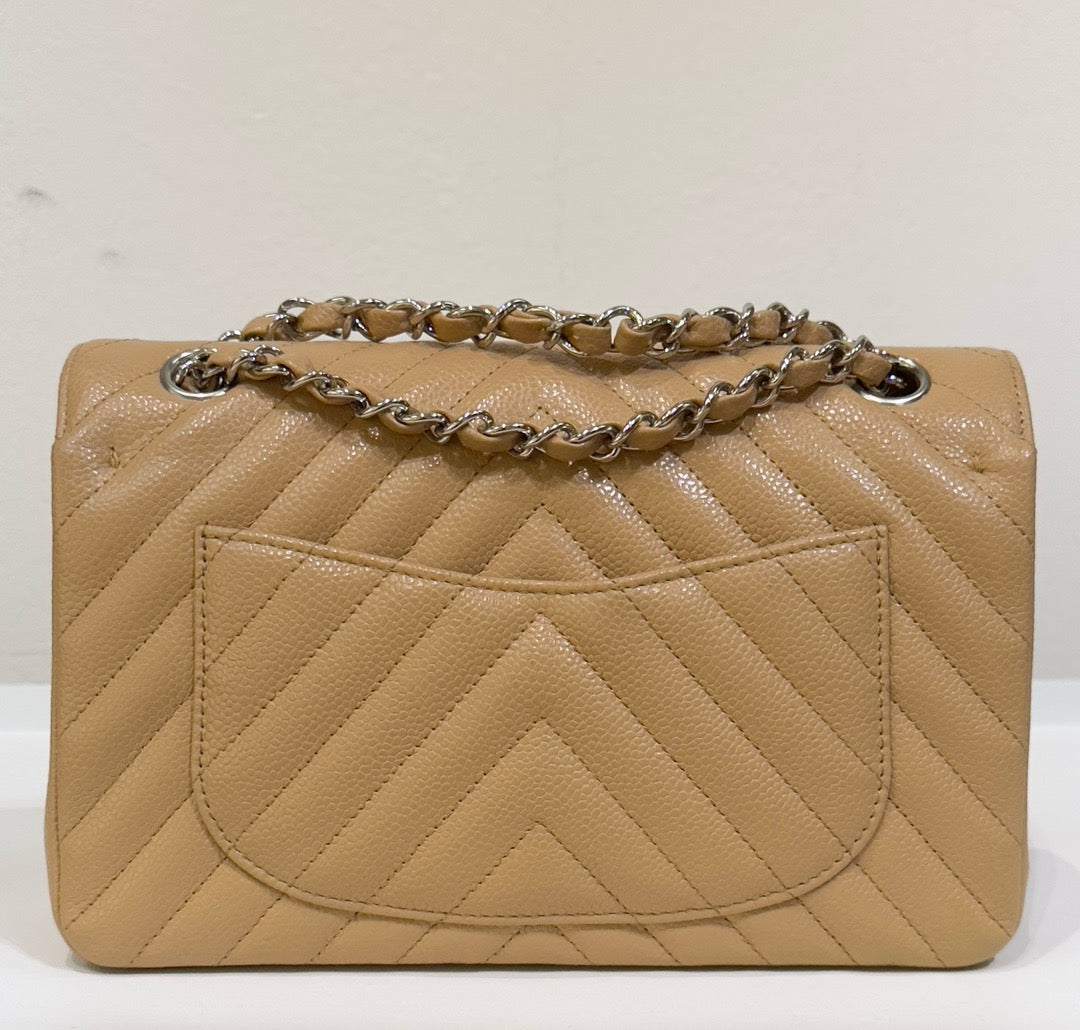 Chanel Small Classic Chevron Calfskin Double Flap Dark Beige SHW 19S 27 Holo card