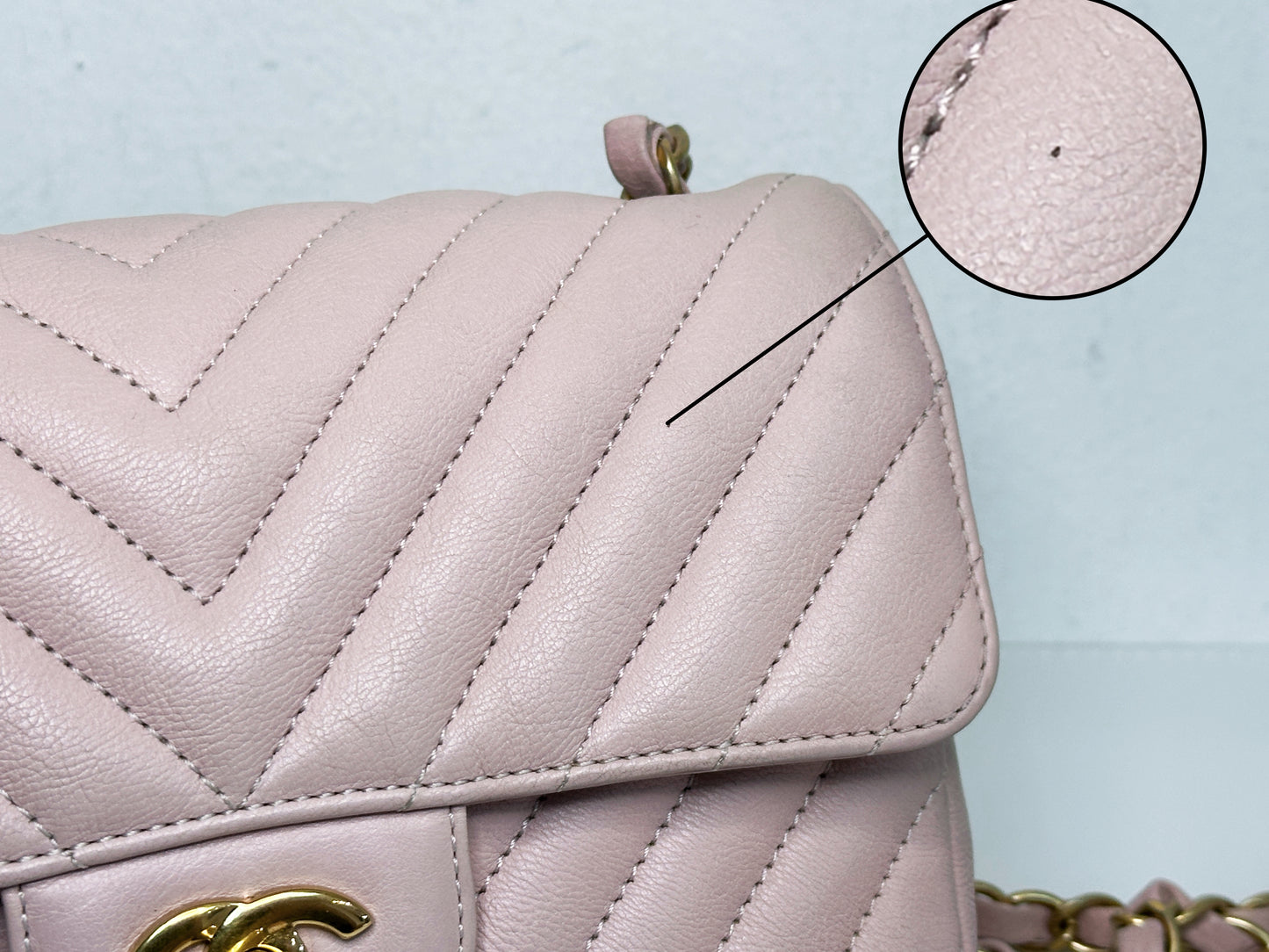 Chanel Classic Mini Rectangular 17C Light Pink Chevron Calfskin with brushed gold hardware 2383 holo card