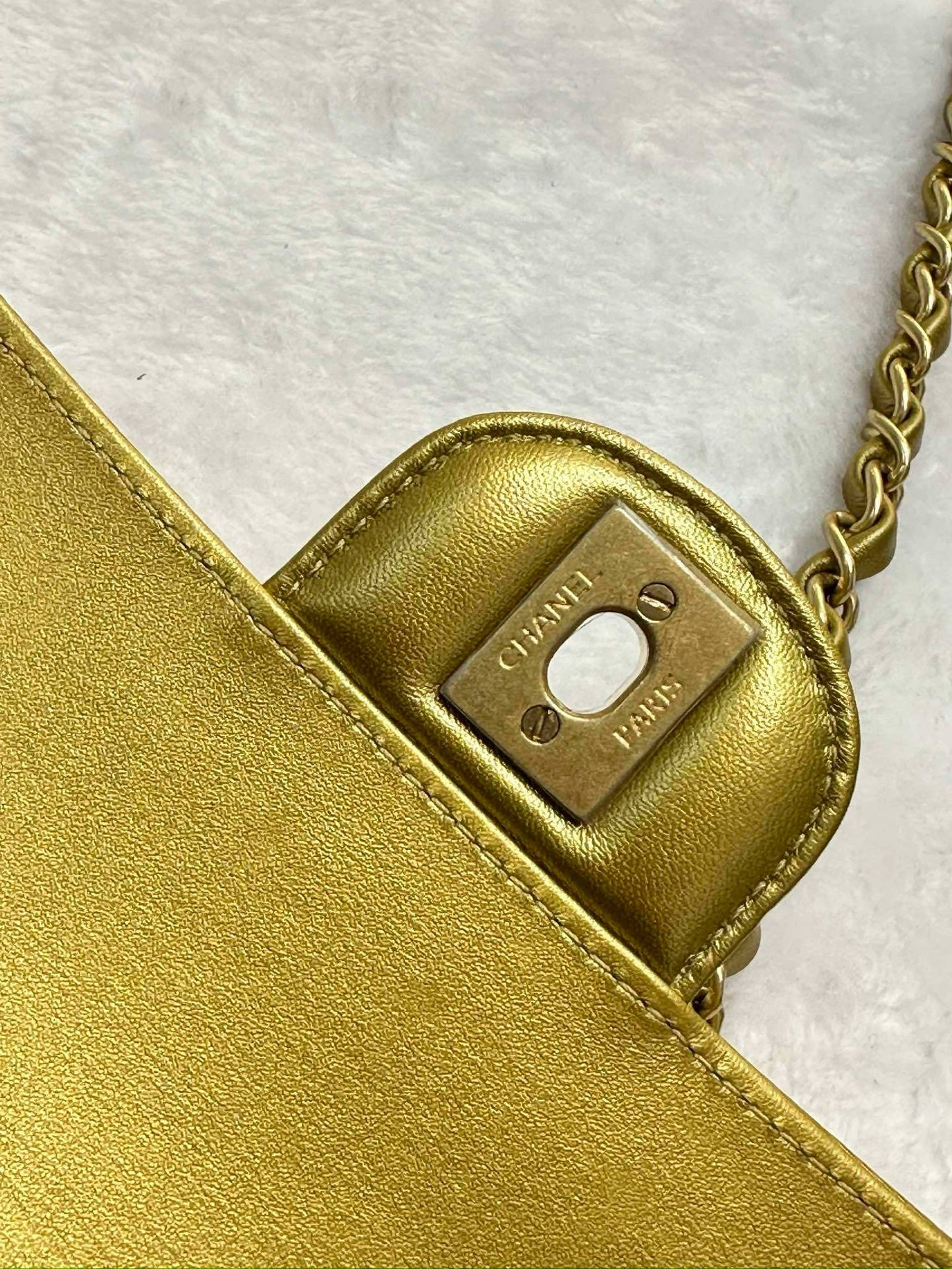 Chanel Mini Calfskin Crocodile Embossed Rectangular Gold Metallic Flap Bag