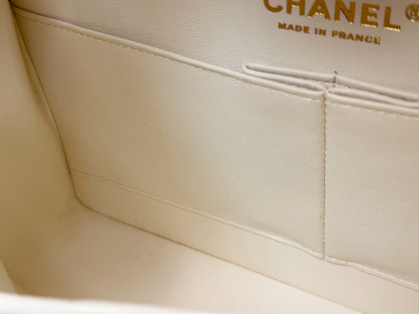 Chanel Medium Caviar Classic Quilted Double Flap White Light Beige Bag LGHW L45J microchip