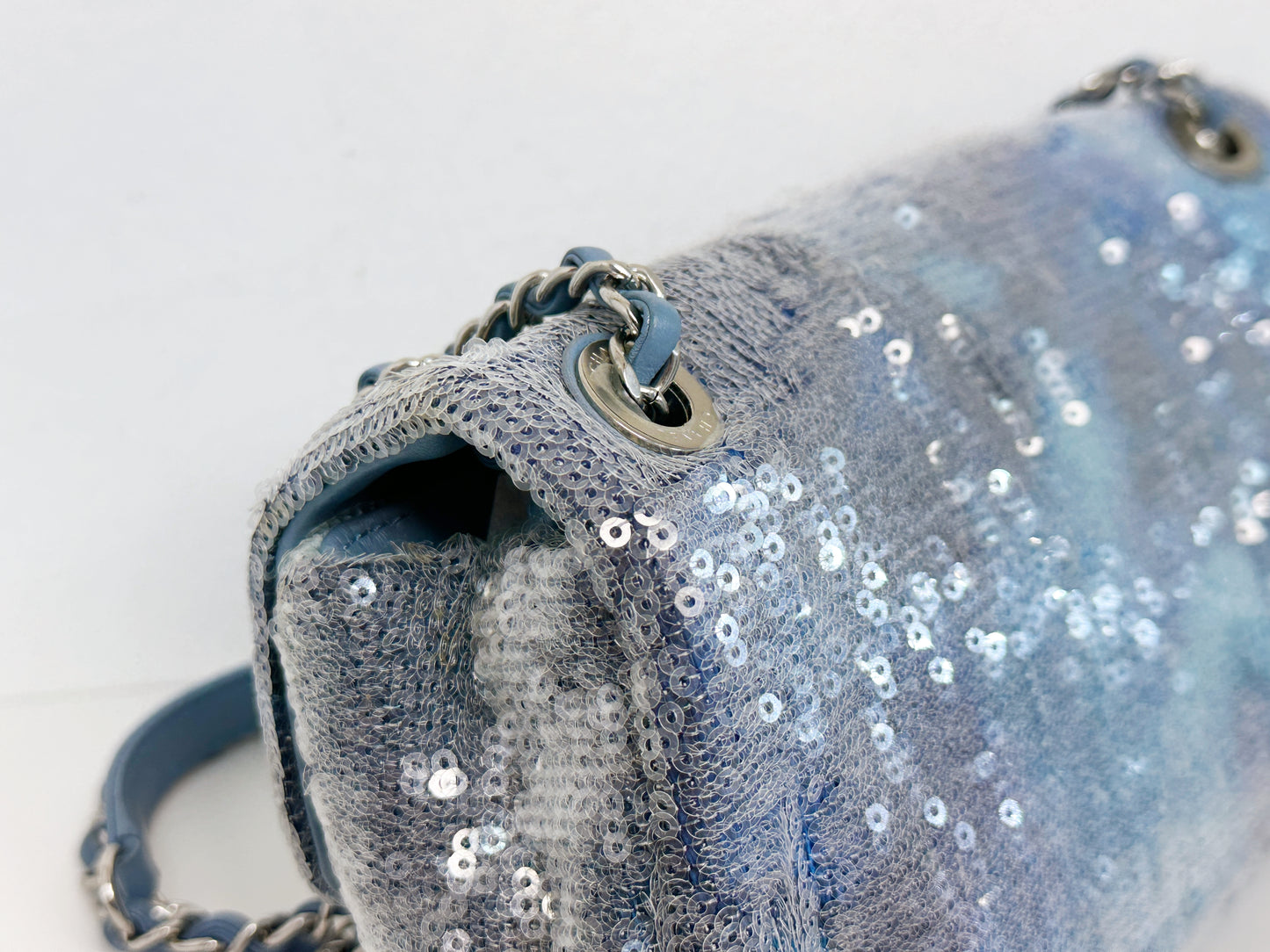 Chanel Sequin Mini Waterfall Light Blue Flap Bag 2590 holo card