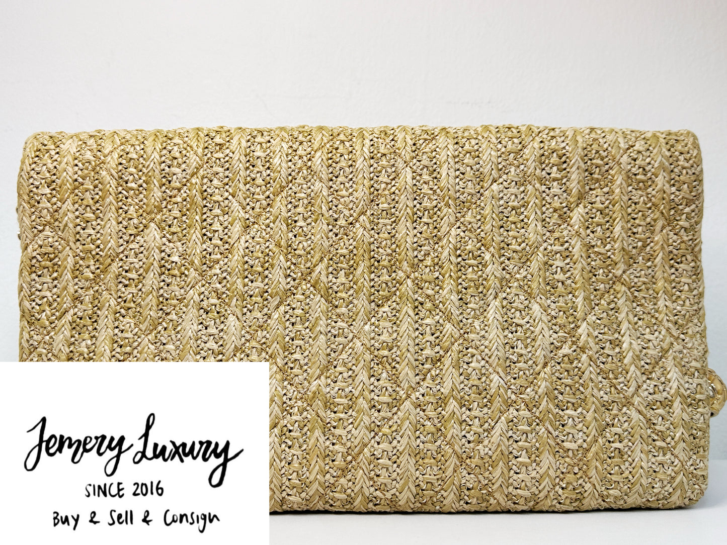 Chanel CC Woven Clutch Gold Natural Raffia Antique Gold Hardware 2502 holo