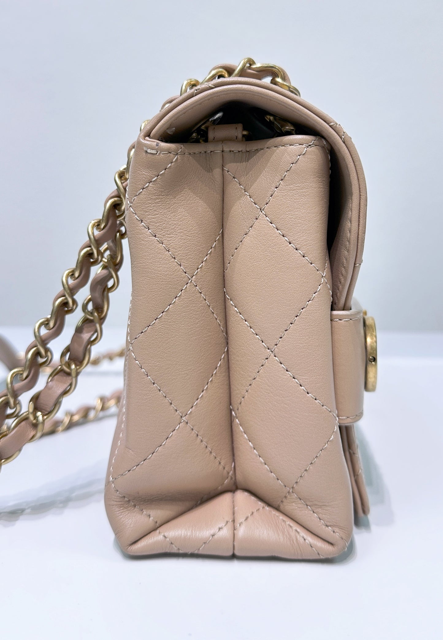 Chanel Engraved Flap Dark Beige Lambskin Gold Hardware