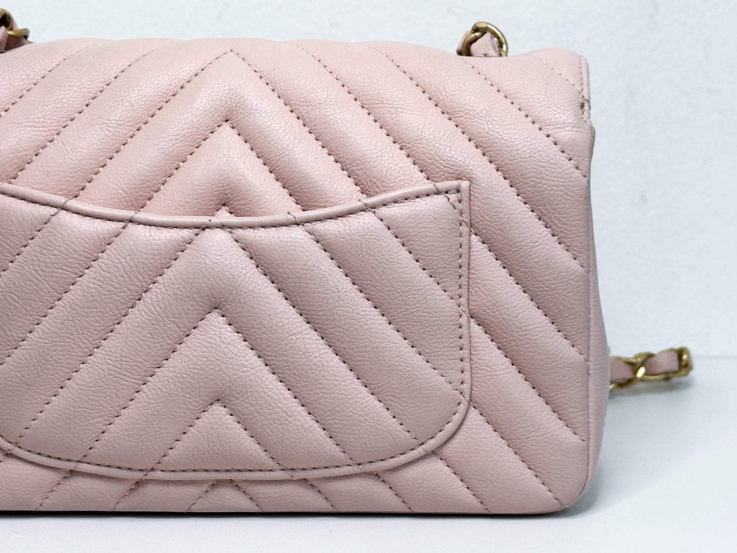 Chanel Classic Mini Rectangular 17C Light Pink Chevron Calfskin with brushed gold hardware 2383 holo card