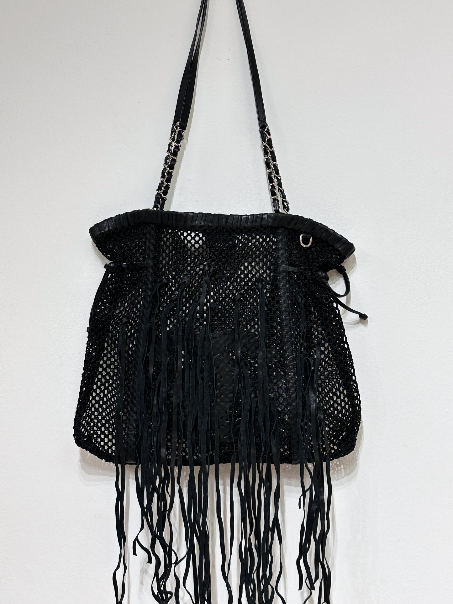 Chanel Limited Edition Resort Black Fringe Mesh Tote Bag 1426 holo
