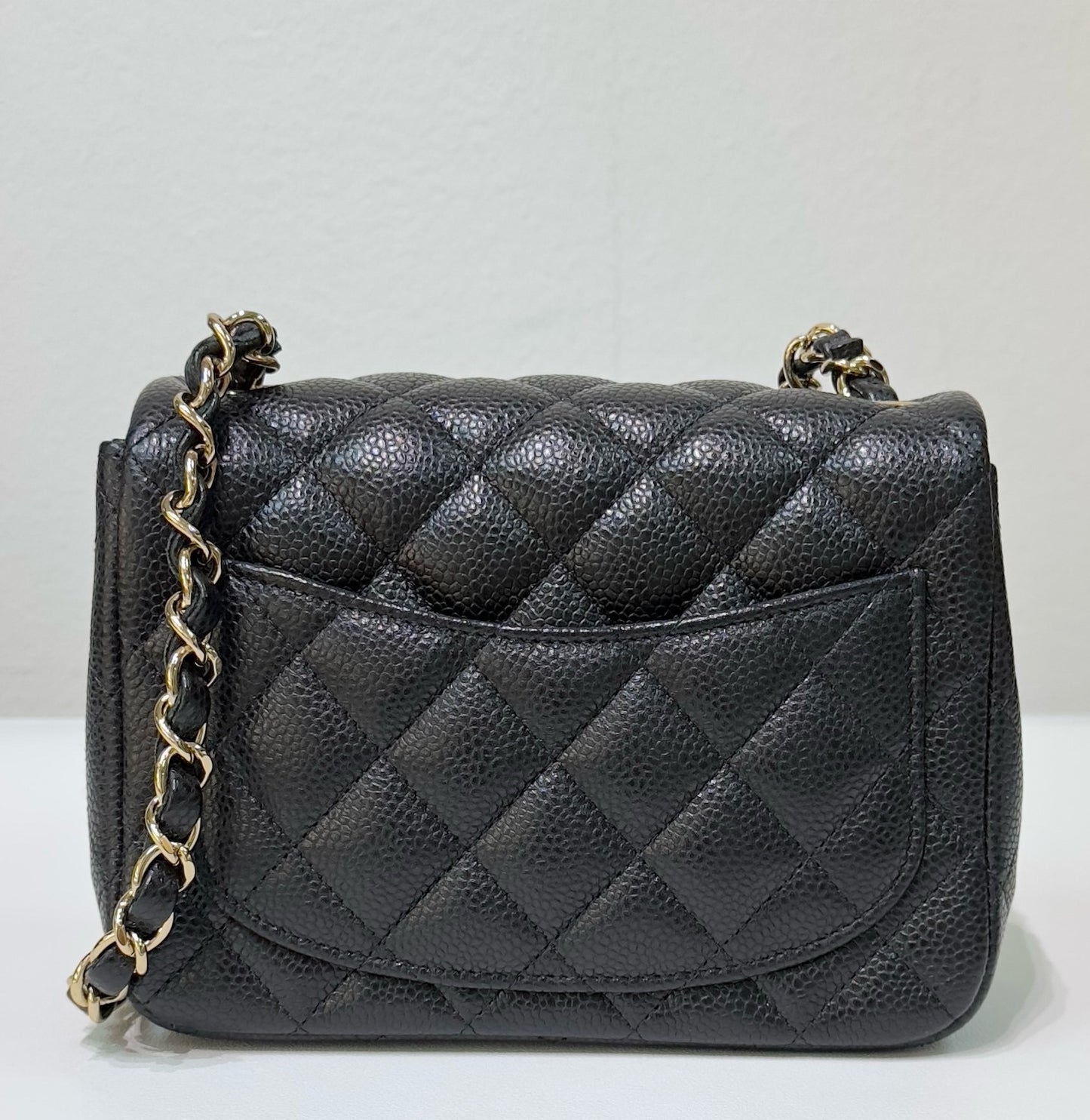 Chanel Mini Square Caviar Flap Bag Black GHW 25 holo card (Chain short than usual)