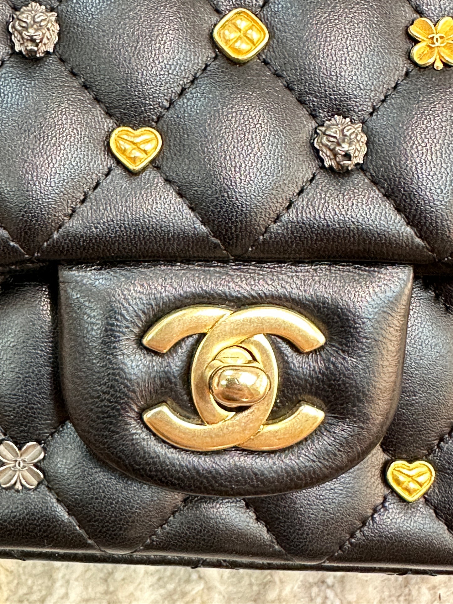 CHANEL Lambskin Quilted Studded Mini Rectangular Flap Black