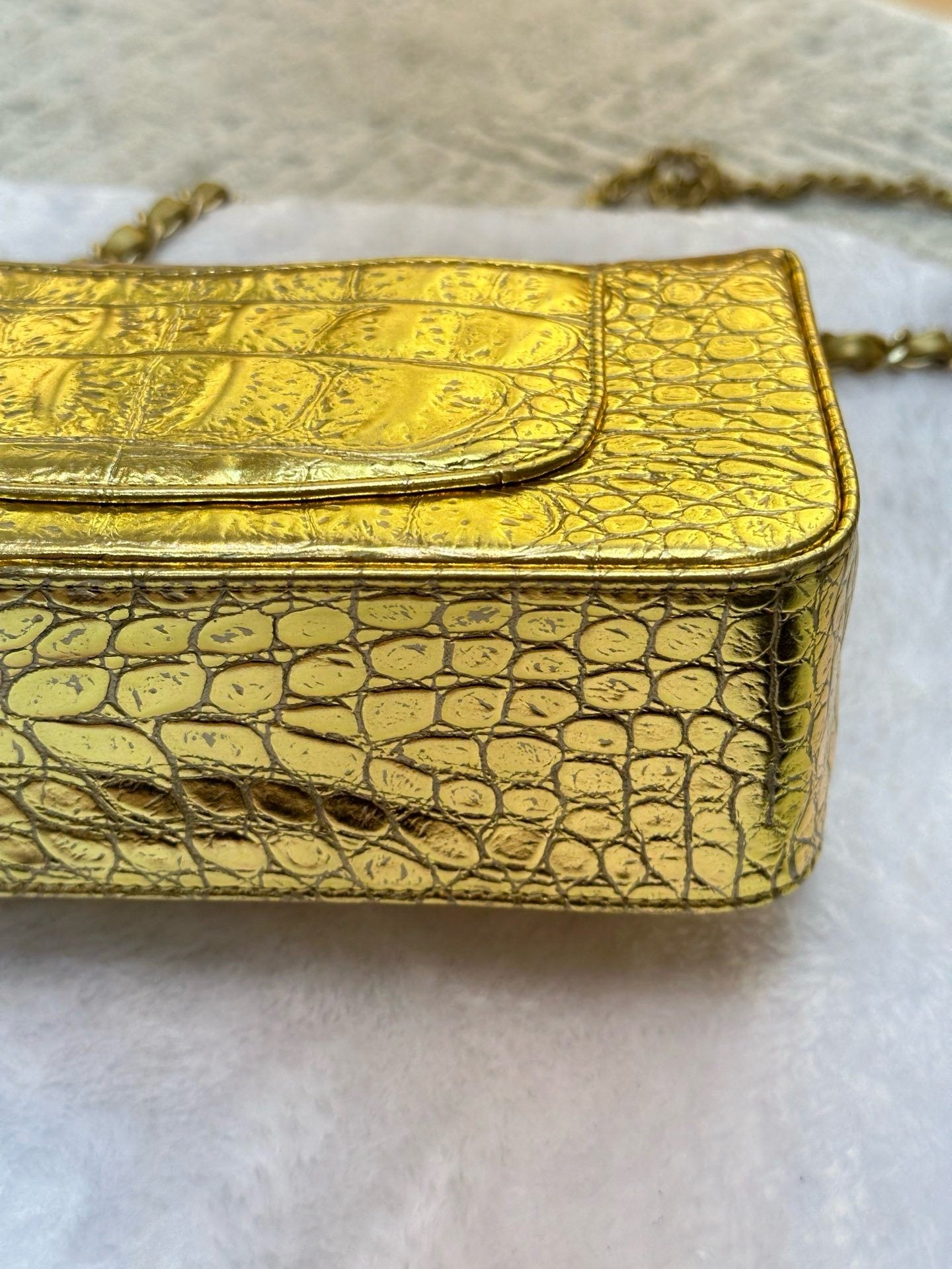 Chanel Mini Calfskin Crocodile Embossed Rectangular Gold Metallic Flap Bag