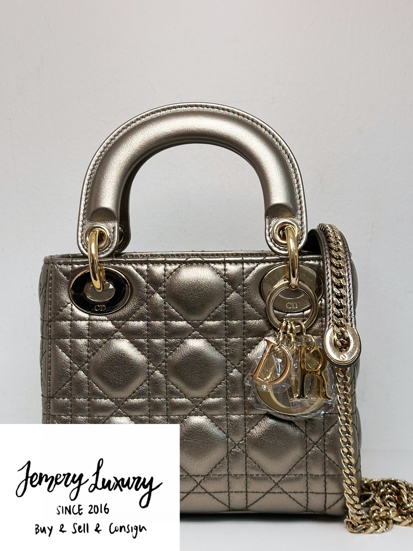 CHRISTIAN DIOR LADY MINI CALFSKIN CANNAGE BRONZE METALLIC GOLDEN HARDWARE CHAIN STRAP