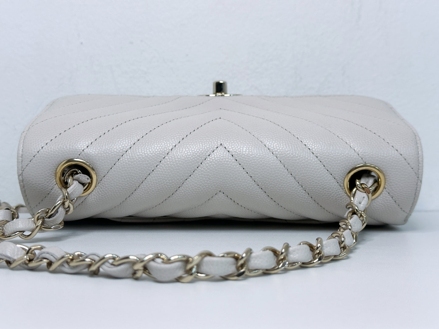 Chanel Mini Rectangle Chevron Blush Hue Light Beige Flap Bag LGHW