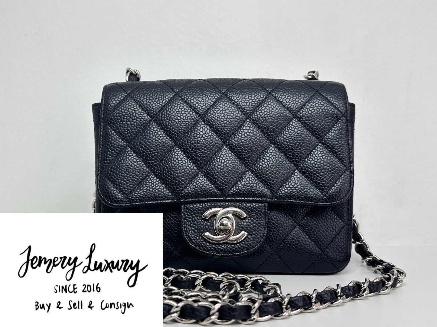 Chanel Mini Square Classic Quilted Caviar Single Flap Bag Black SHW 1184 holo card