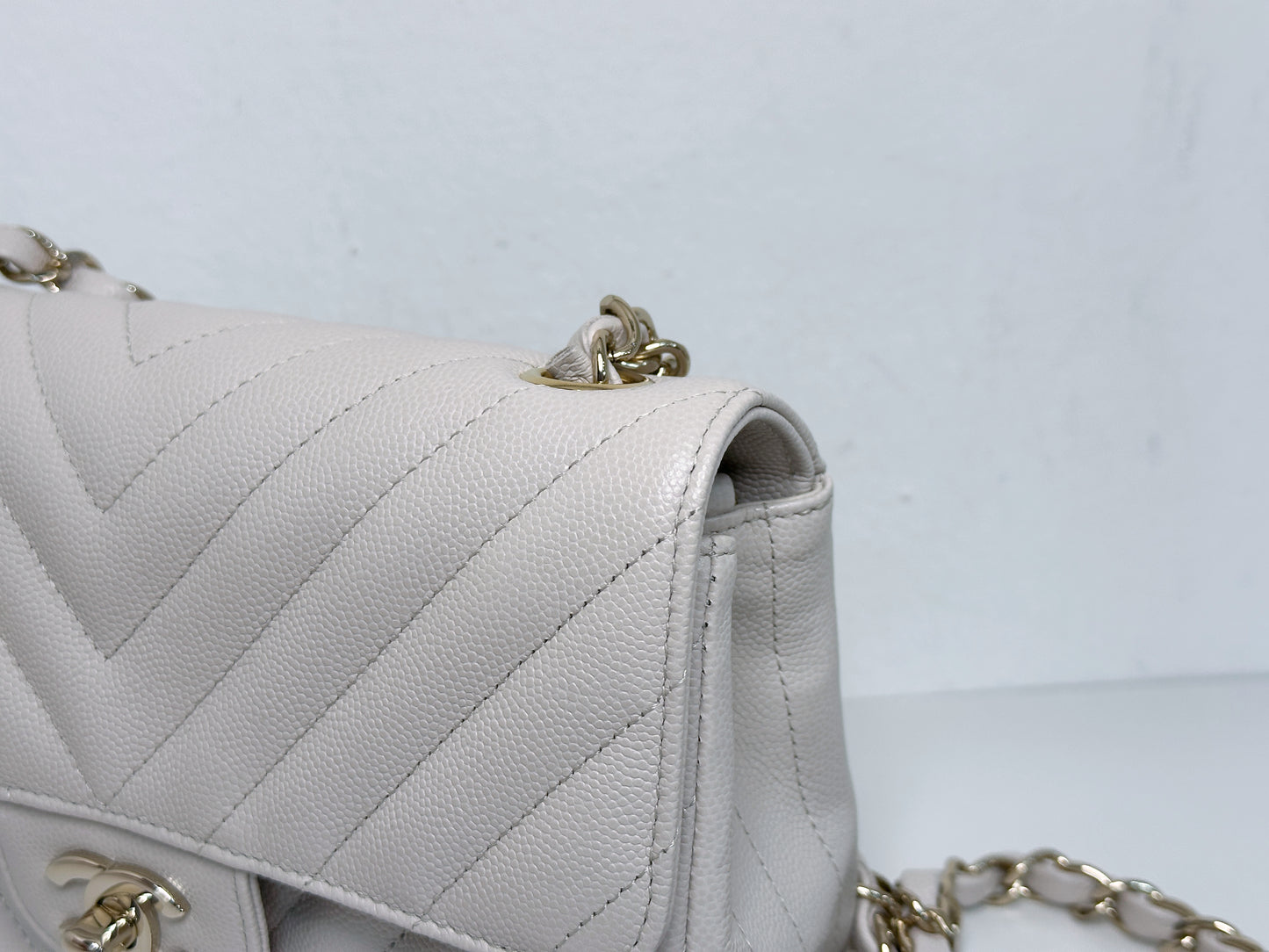 Chanel Mini Rectangle Chevron Blush Hue Light Beige Flap Bag LGHW