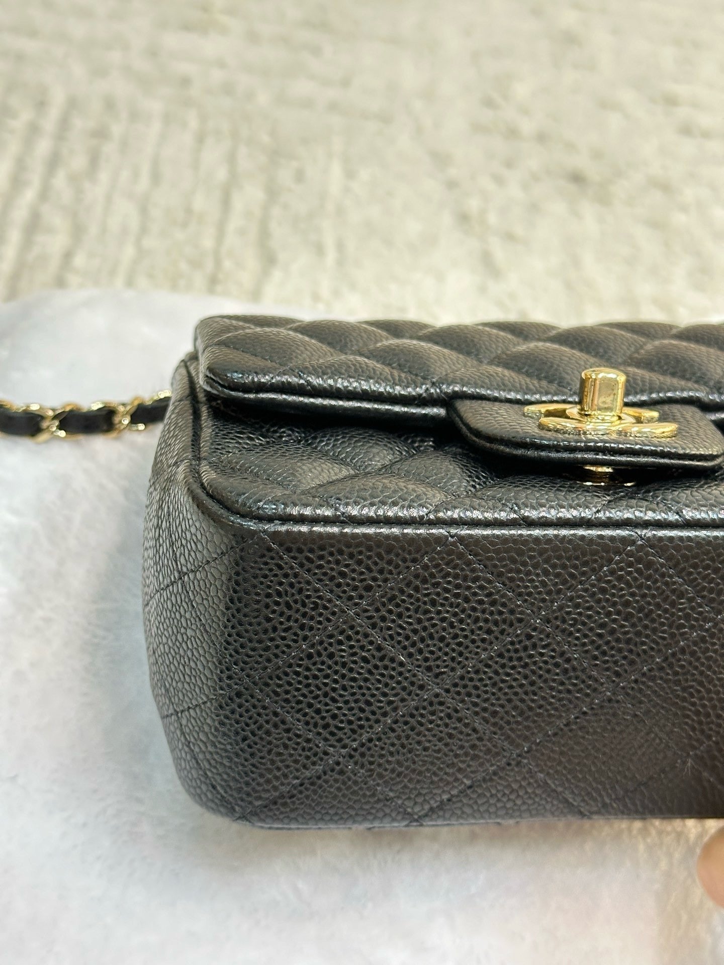 Chanel Mini Square Caviar Flap Bag Black GHW 25 holo card (Chain short than usual)