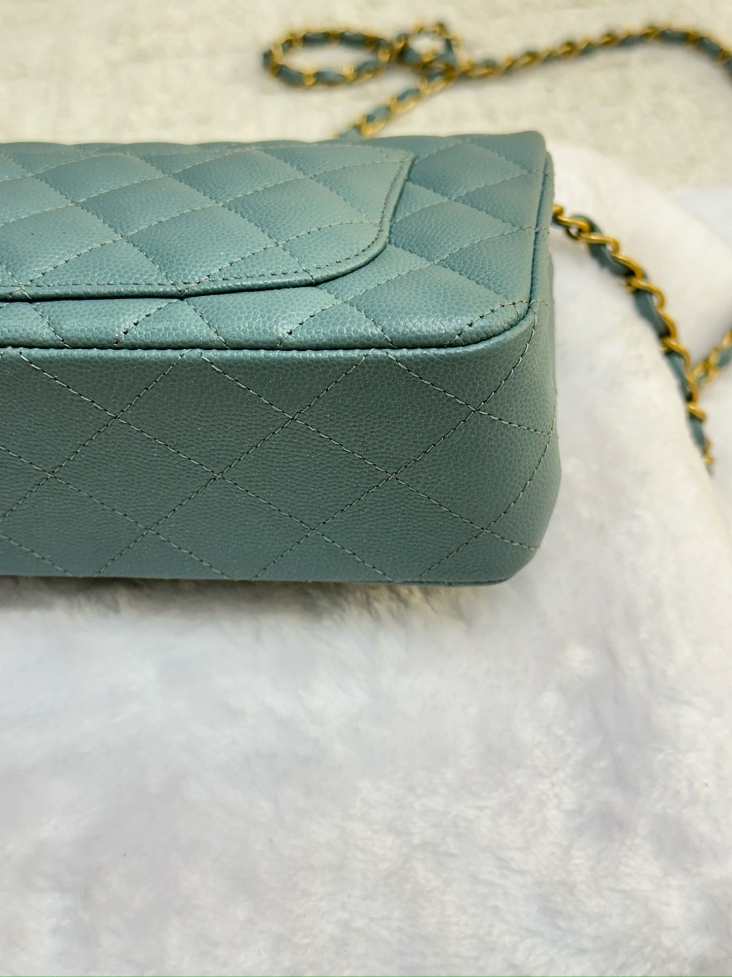 CHANEL Iridescent Caviar Quilted Mini Rectangular Flap Light Blue 18C
