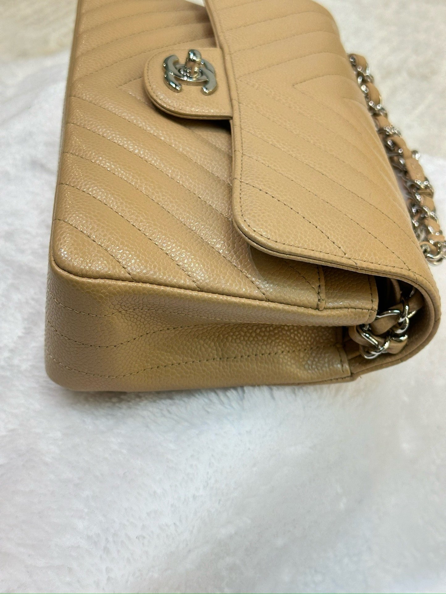 Chanel Small Classic Chevron Calfskin Double Flap Dark Beige SHW 19S 27 Holo card