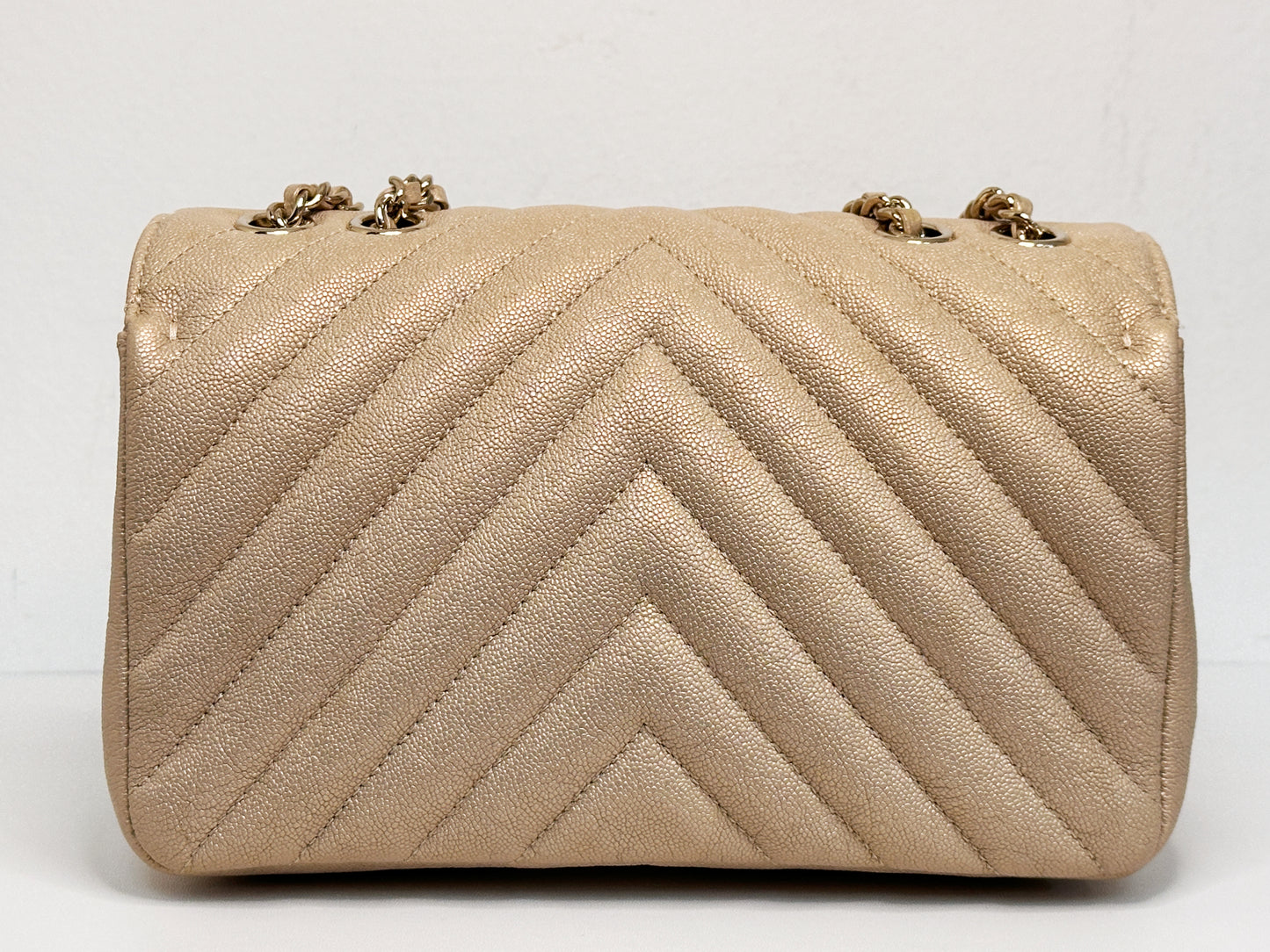 Chanel Mini Statement Metallic Caviar Chevron Quilted Flap Beige LGHW 2835 holo card