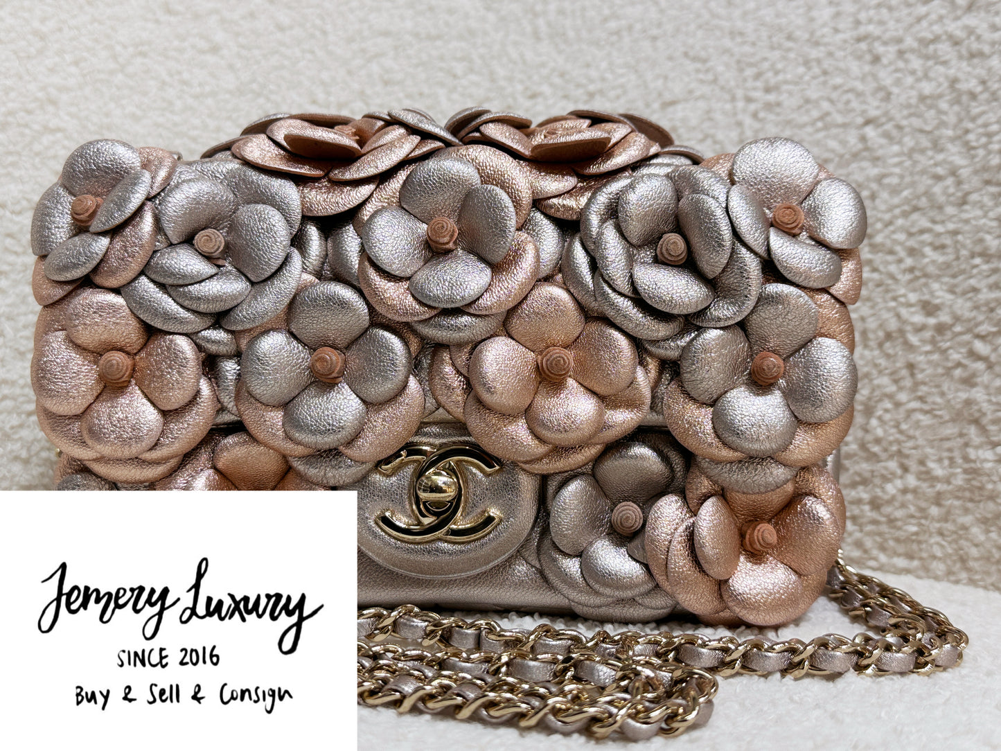 Chanel Camellia Mini Metallic Rose Gold/Pink Lambskin Gold Hardware 2487 holo card