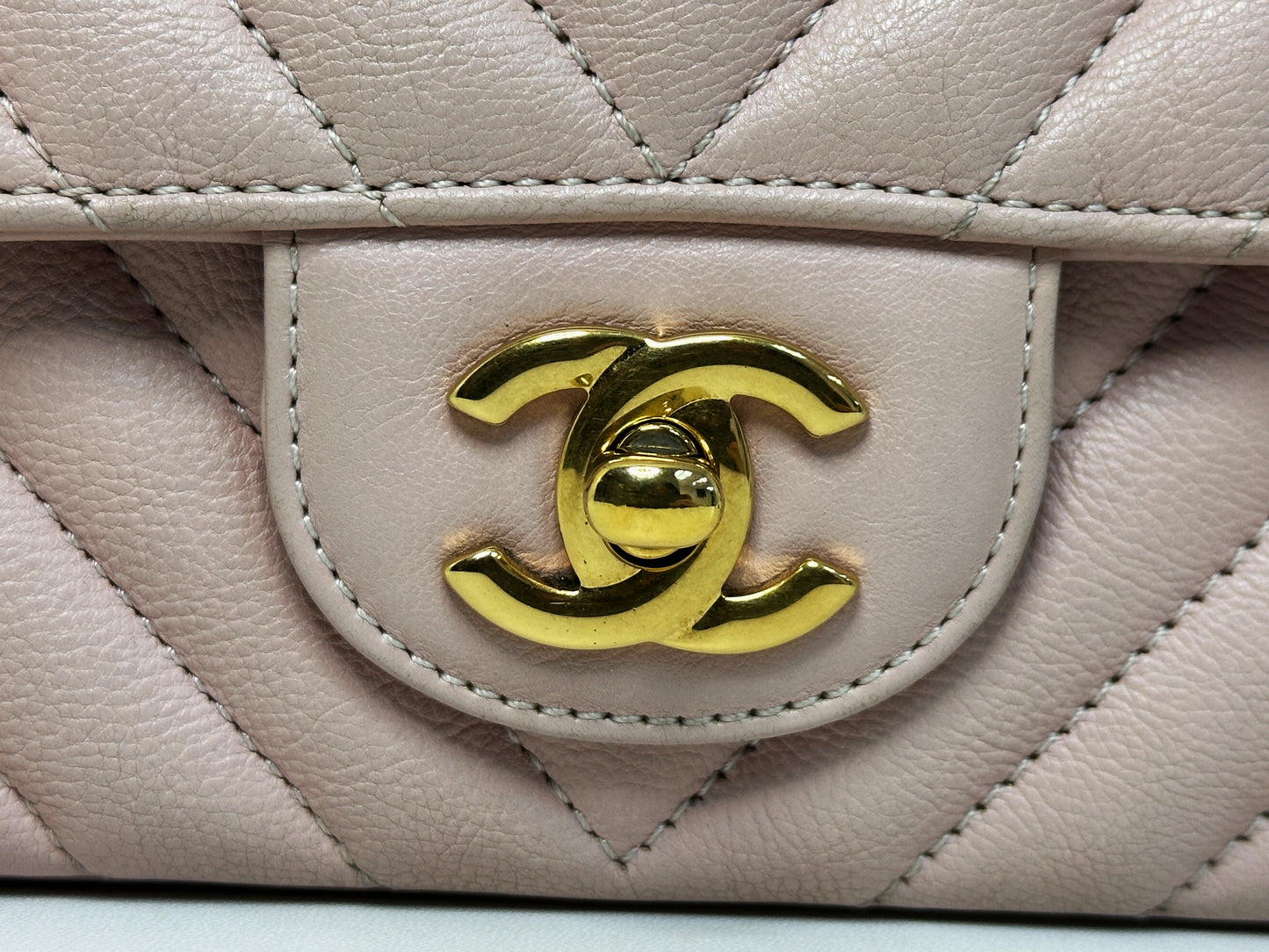 Chanel Classic Mini Rectangular 17C Light Pink Chevron Calfskin with brushed gold hardware 2383 holo card