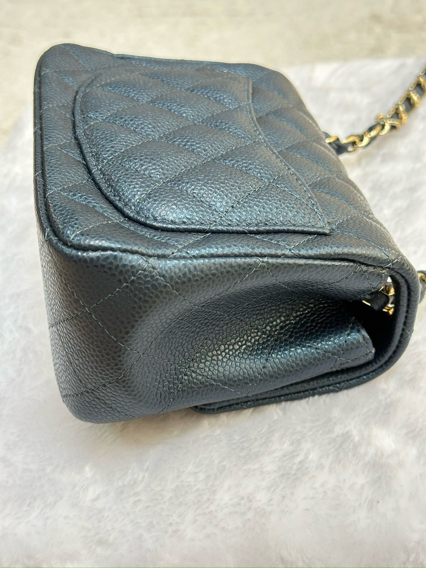 Chanel Mini Square Quilted Caviar Flap Bag Blue GHW 2581 Holo card