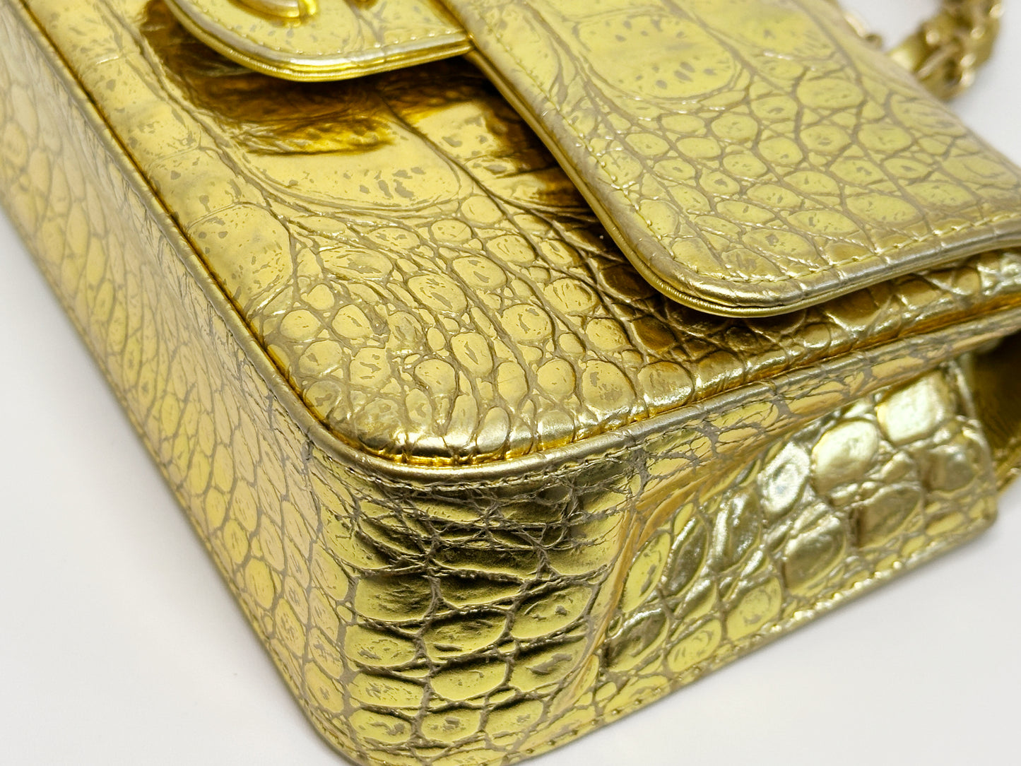 Chanel Mini Calfskin Crocodile Embossed Rectangular Gold Metallic Flap Bag 2813 holo card